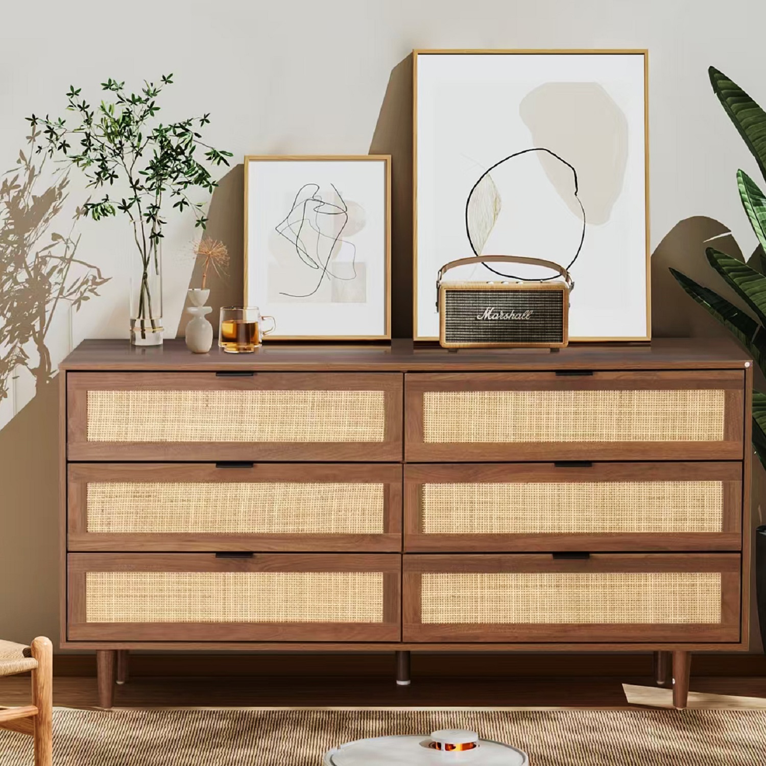 6 Drawers Rattan Dresser, Chest of Drawers for Bedroom, Wooden Storage ...
