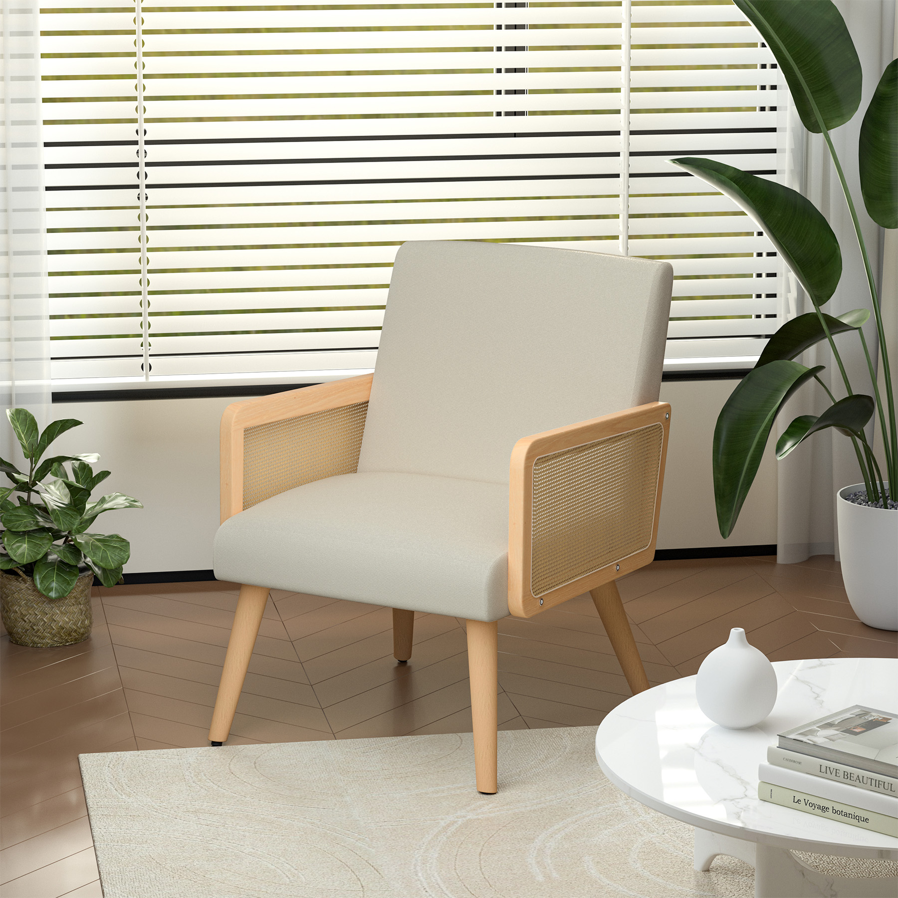 thumbnail video image 2 of Hawsaiy Accent Chair with Rattan Arms, Living Room Chairs with Wood Legs, Modern Armchair for Bedroom, Lounge Chair Indoor for Reading Room Kitchen and Dining Room,White, 2 of 9