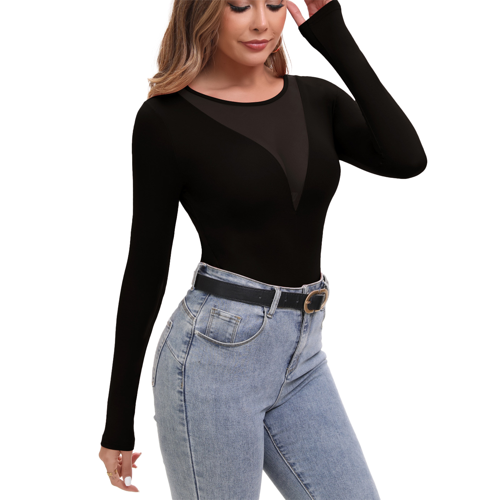 thumbnail video image 2 of Syhzlz Women Long Sleeve Tops, Sexy See Through Slim Fitted T-shirt, Deep V Stretchy Crew Neck Tee, 2 of 7