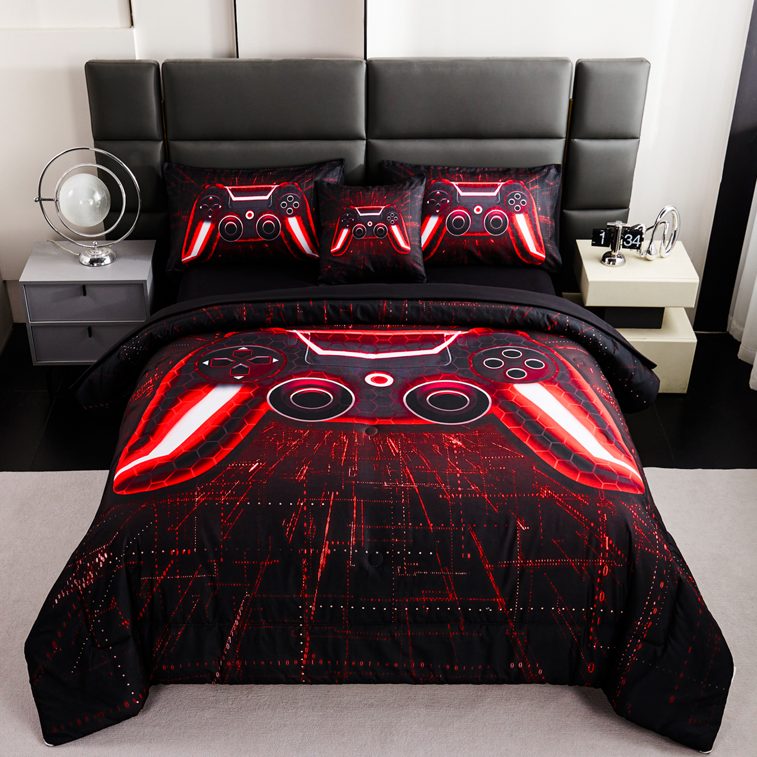 thumbnail video image 2 of URBONUR 6Pcs Red Full Size Bed in a Bag for Kids Boys Teens Gamer Bedding Set Gaming Lightning Gamepad Print Black Comforter Sets with Sheet Sets(Red Full), 2 of 11