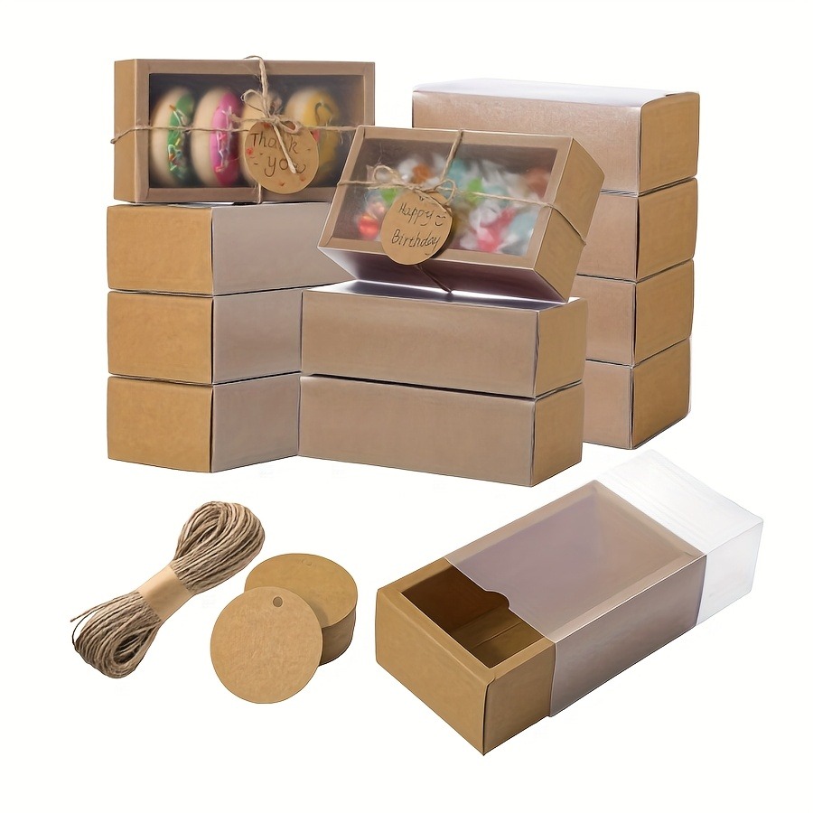 thumbnail video image 2 of 50 Sets Rectangular Kraft Paper Drawer Gift Boxes with Window 6.3x3.5 Inch Food Packaging Boxes with Blank Labels Twine for Candy Soap Jewelry Wedding Party Favors, 2 of 6