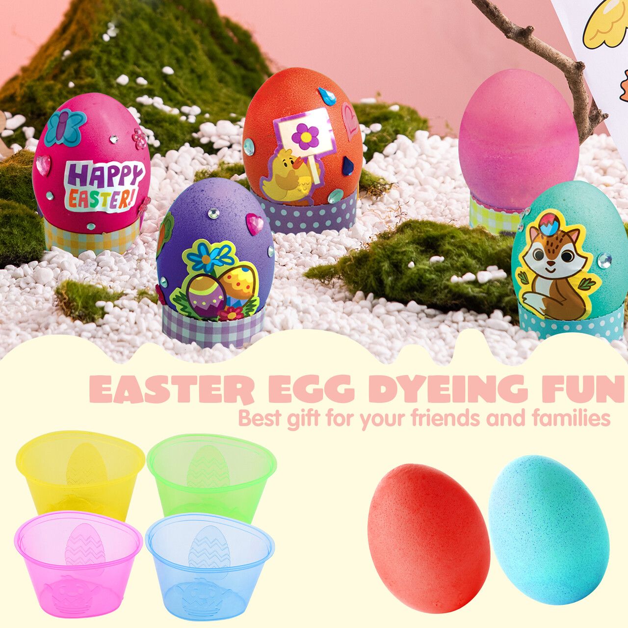 thumbnail video image 2 of Joyfy 20Pcs Easter Egg Dye Kit,DIY Easter Egg Decorating Craft Kit with Egg Tray, Egg Stands, Easter Stickers for Kids, Easter Egg Coloring, Home School Class Egg Crafts, 2 of 8