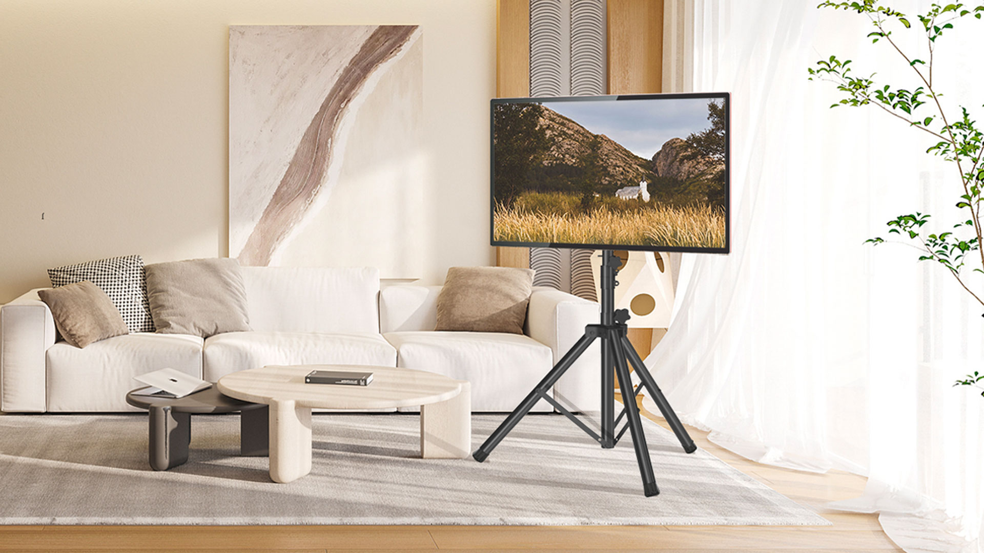 thumbnail video image 2 of RTVR Portable Tripod TV Stand for TVs up to 70", 31.5 x 74.9 x 31.5 inches, Black, Modern, 2 of 8