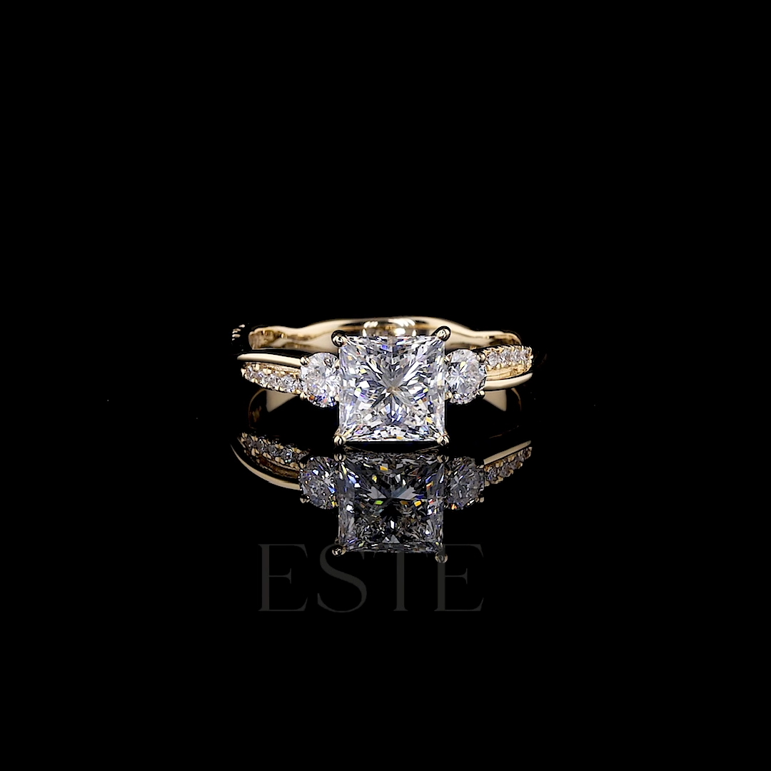 thumbnail video image 2 of ESTE ORIGIN 2.00Ct Lab-Grown Princess Cut Diamond Three-Stone Ring – IGI Certified, Pavé Band in 10K Yellow Gold for Women, 2 of 5