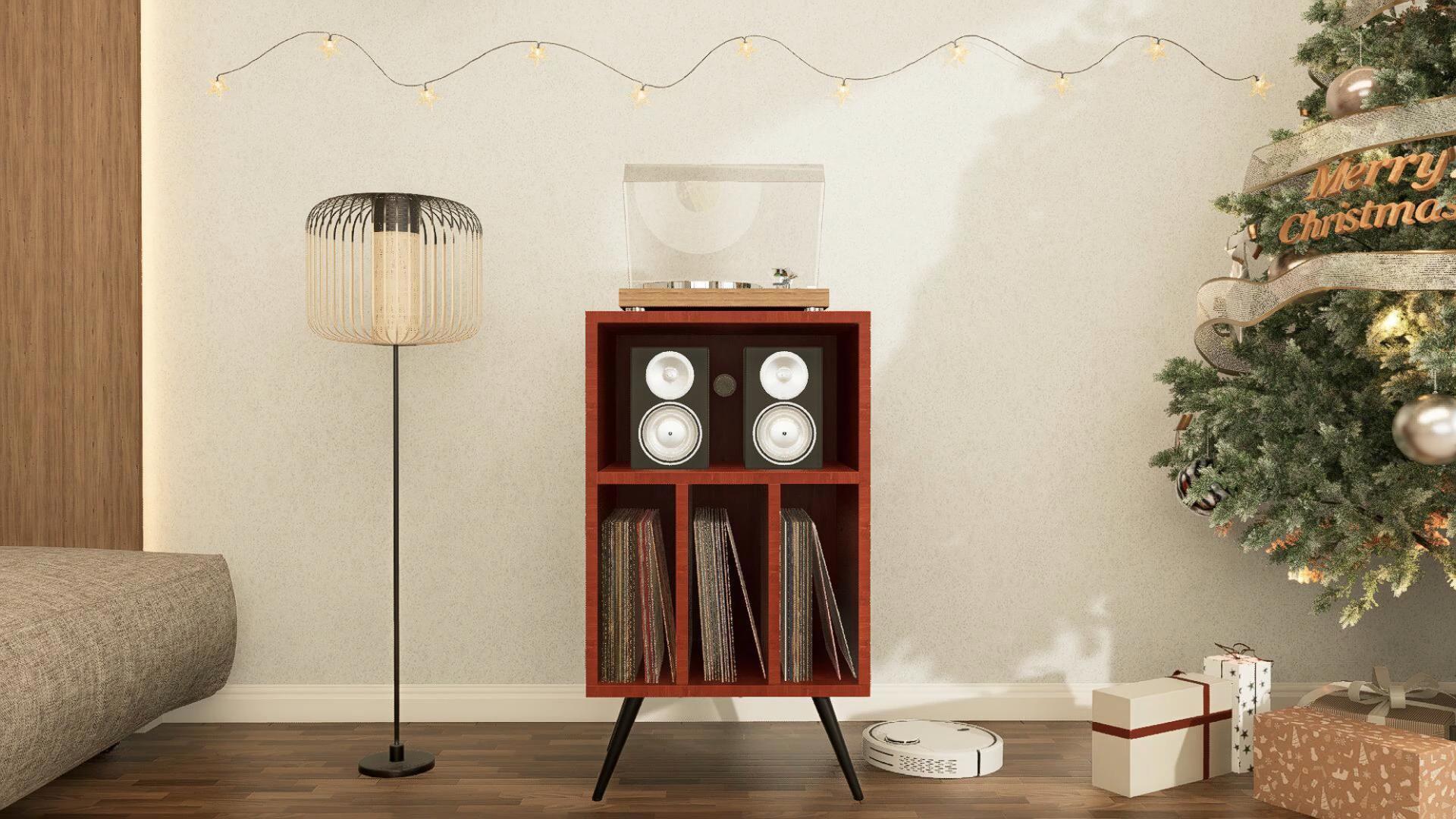 thumbnail video image 2 of FloatiCasa Record Player Stand Storage Cabinet Holds up to 200 Albums Side Table for Bedroom Living Room Office, 2 of 10