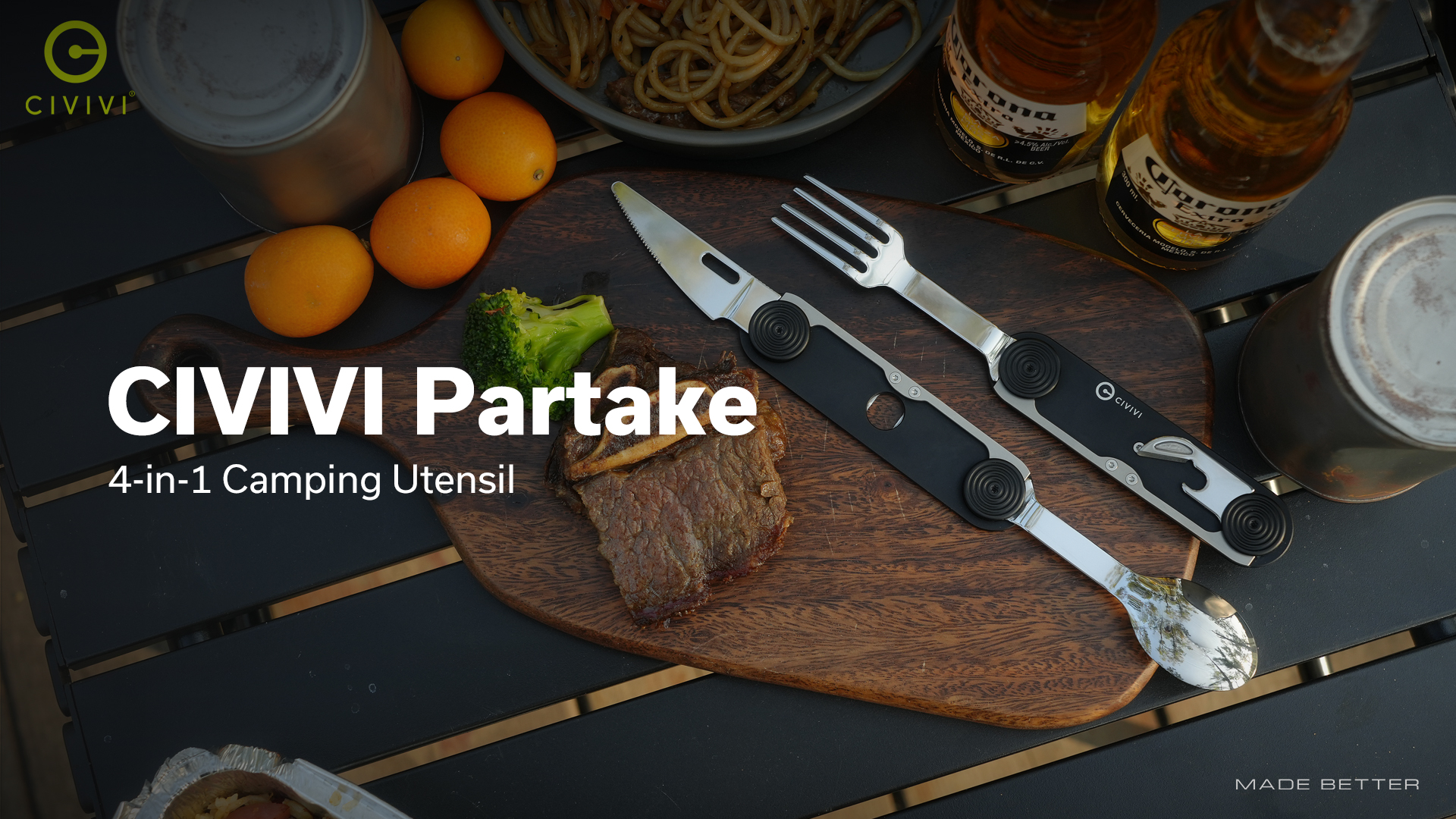 thumbnail video image 2 of CIVIVI Partake 4-In-1 Multi-Tool Silver Aluminum Handle Stainless Steel Knife, Fork, Spoon & Can Opener C24032C-3, With A Waxed Canvas Pouch, 2 of 13