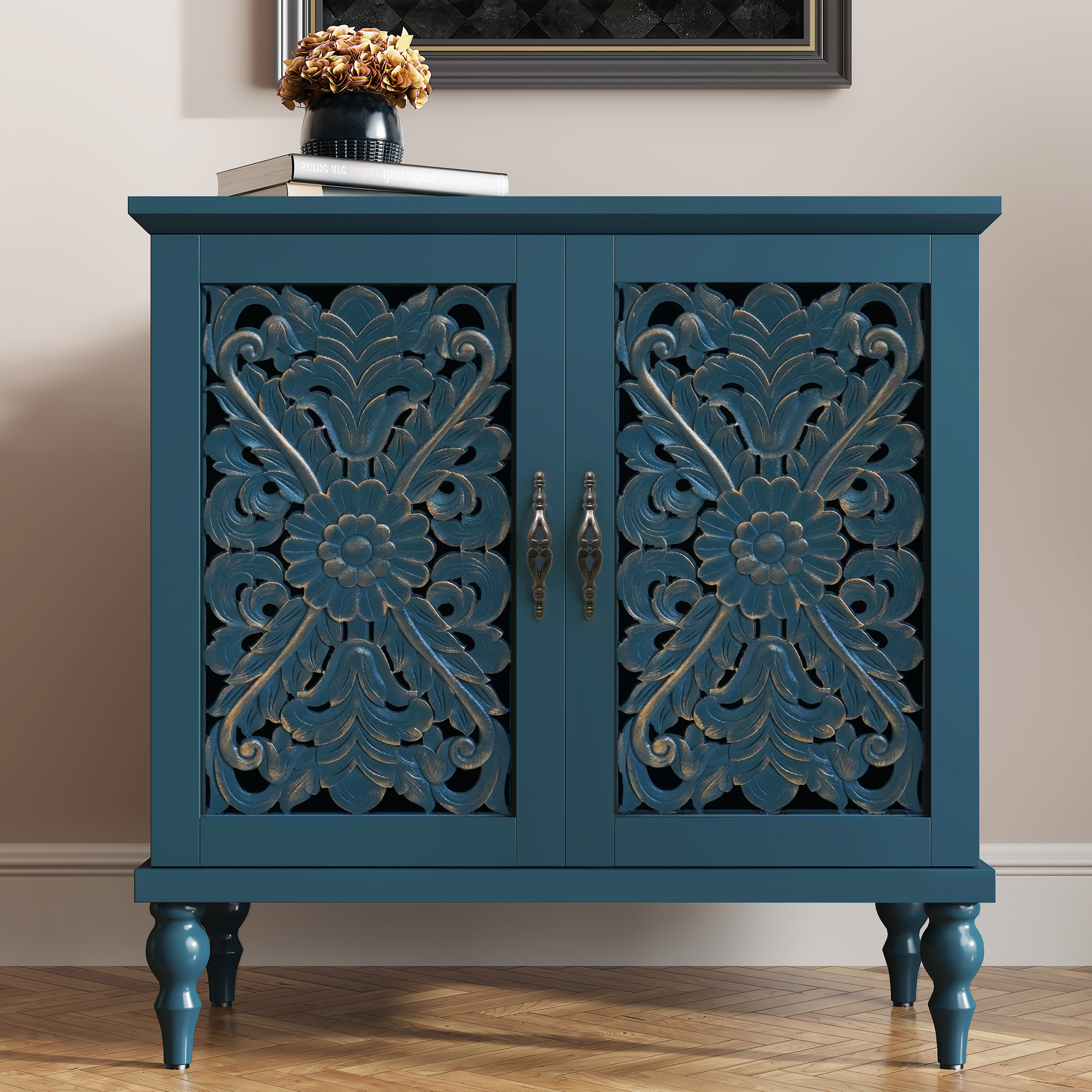thumbnail video image 2 of HLR 31.5"W Mid Century Vintage Sideboards Buffets Cabinet with 2 Doors Storage for Kitchen Dining, Black, 2 of 14