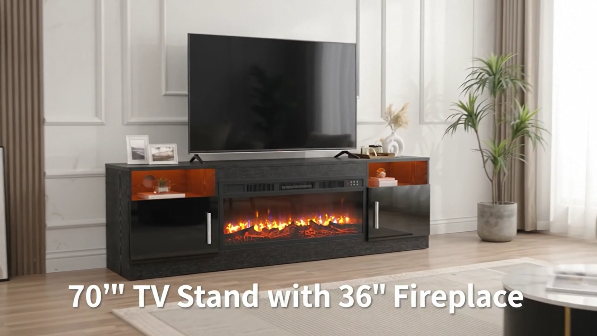 thumbnail video image 2 of Waleaf Fireplace TV Stand with 36" Electric Fireplace Up to 80" TVs, Modern Wood Media TV Console with Highlight Cabinet, White, 2 of 10