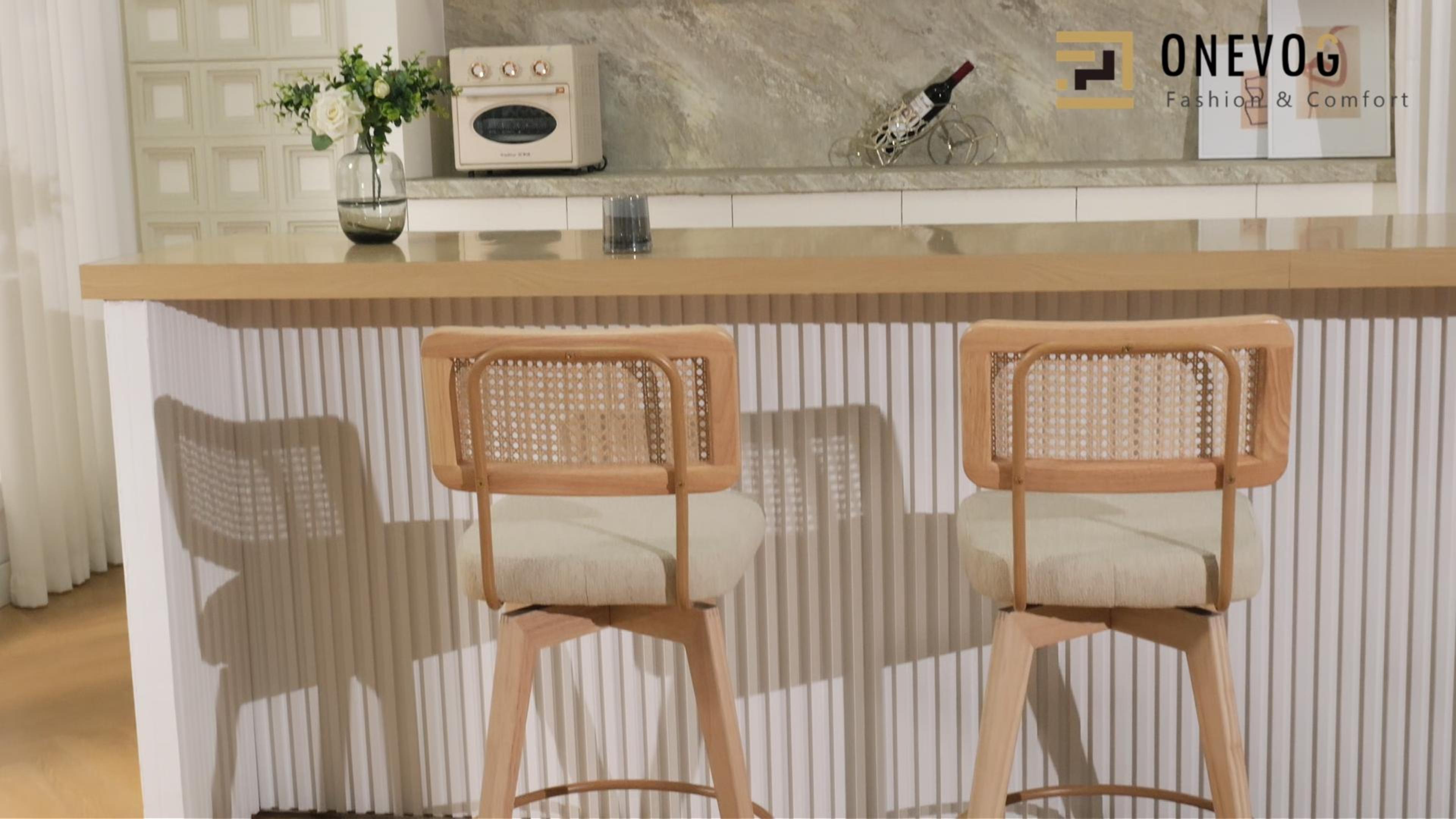 thumbnail video image 2 of ONEVOG 26.2" Swivel Counter Stools Set of 2,Faux Leather Upholstered with Breathable Cane Back, Farmhouse Counter Height Chairs for Kitchen Island,Beige, 2 of 8