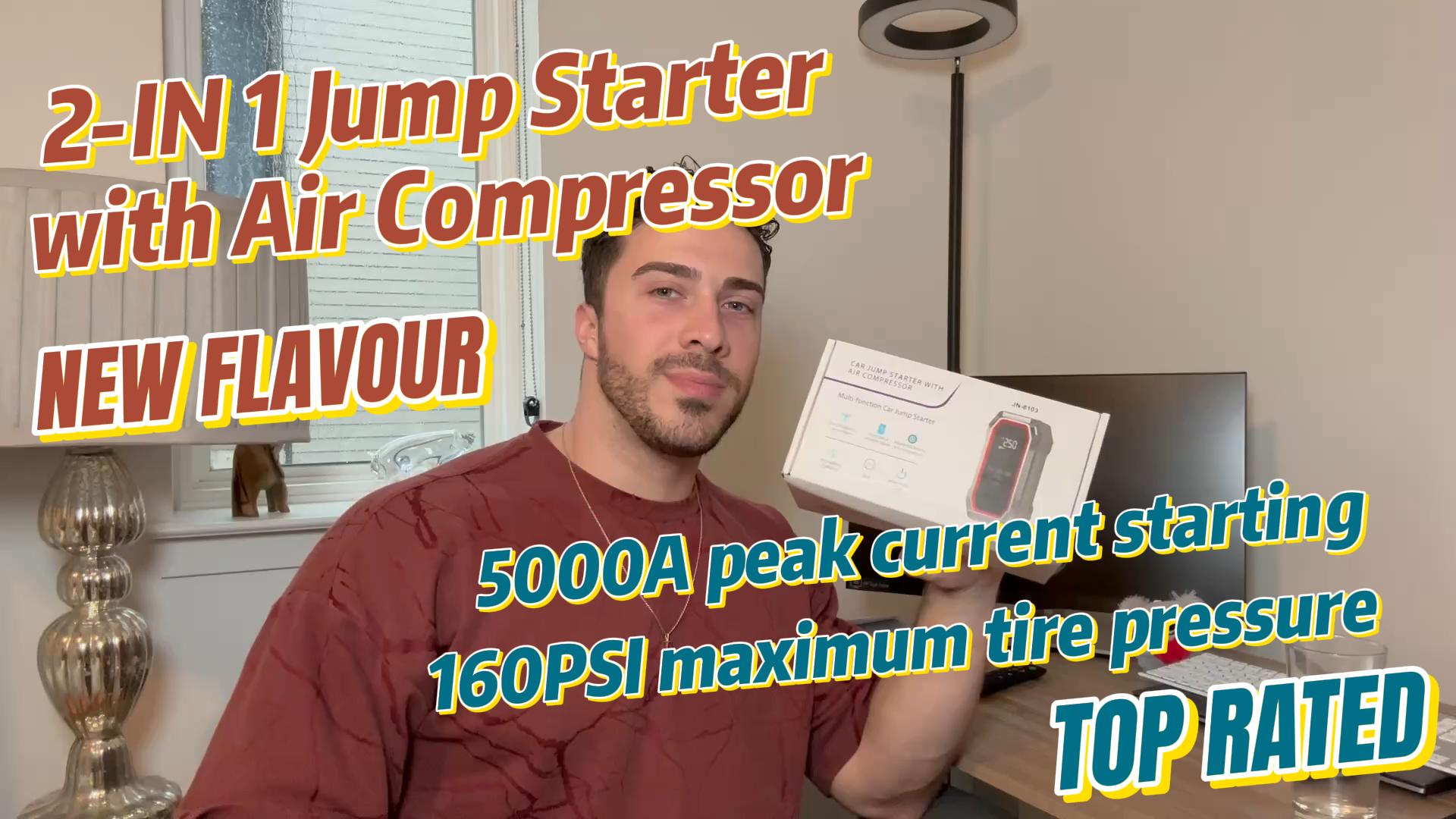 thumbnail video image 2 of 5000A Portable Jump Starter with Air Compressor, 160 PSI Tire Inflator for Cars, Trucks & SUVs, 12V Car Battery Jumper Box with LCD Display, LED Light and USB Power Bank, 2 of 9