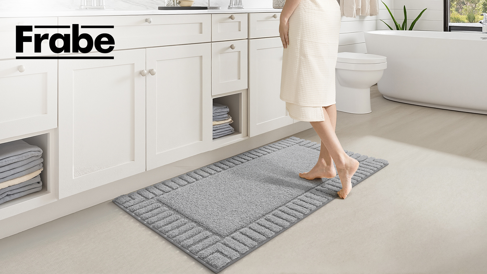 thumbnail video image 2 of FRABE Bathroom Rugs Non Slip with Rubber Backing, Extra Soft Plush Microfiber Bath Rug Absorbent, Machine Washable Bath Mat Quick Dry for Tub, Shower, Hotel, Light Grey, 20"x32", 2 of 10