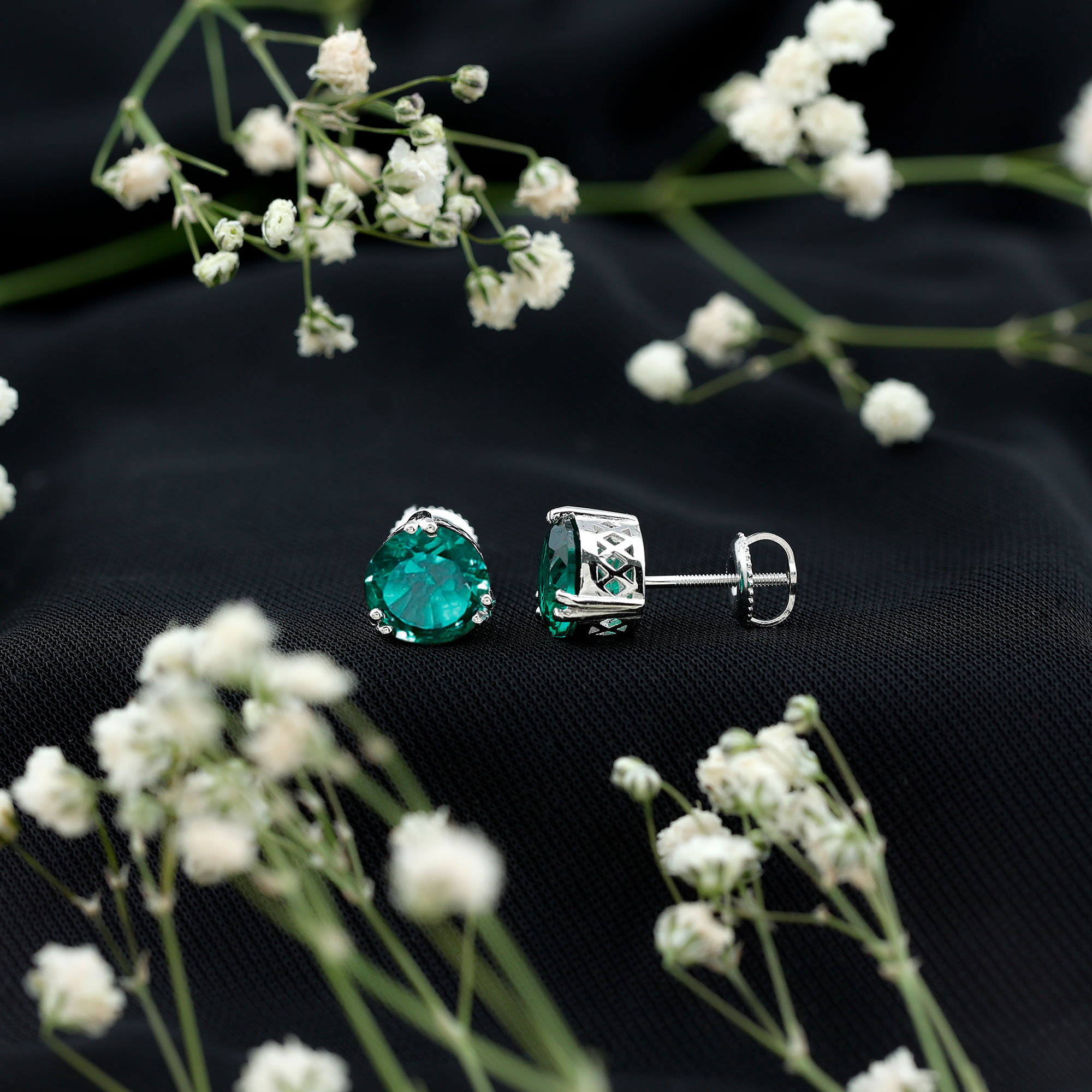 thumbnail video image 2 of Rosec Jewels Solitaire Lab Grown Emerald Stud Earrings for Women - 8 mm - AAAA Grade, 10K White Gold, 2 of 7