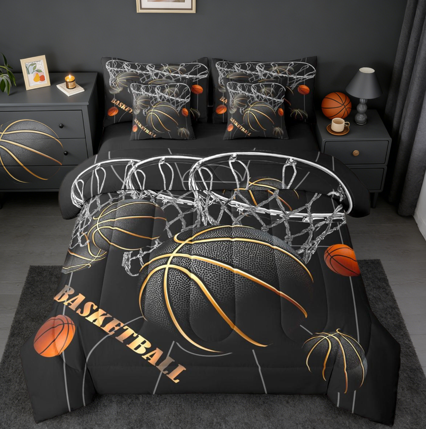 thumbnail video image 2 of jejeloiu Black Basketball Bedding Comforter Set 7-Piece,Ball Games King Bedding Sets,Black Gold Orange Bed Sheets,Lightweight Room Decor Reversible, 2 of 9