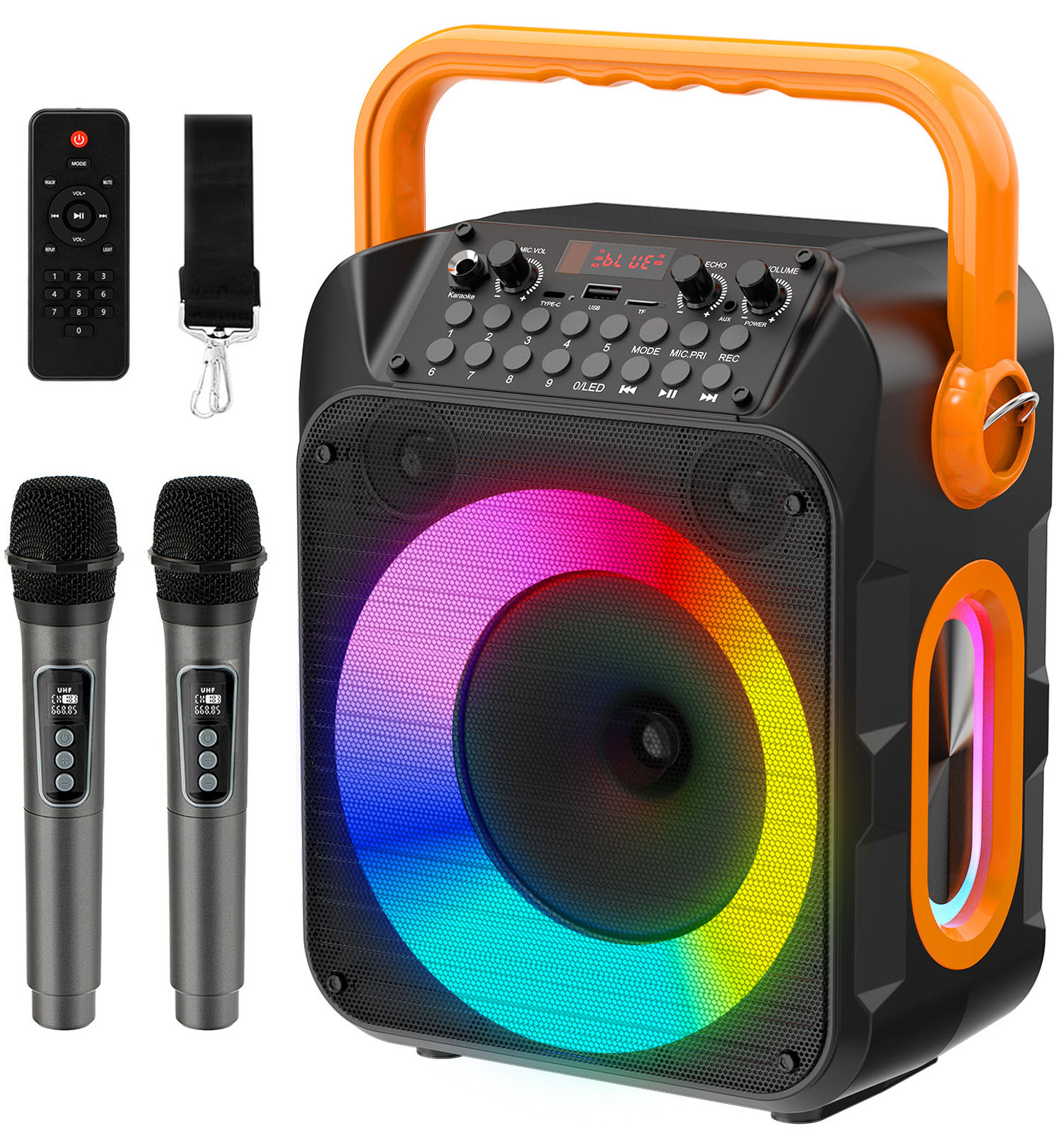 thumbnail video image 2 of Dammyty Karaoke Machine for Adults & Kids, Karaoke Speaker with 2 Microphones, Portable Bluetooth Speaker with Party Light, Support for TF Card, USB, AUX, FM,TWS, 2 of 11