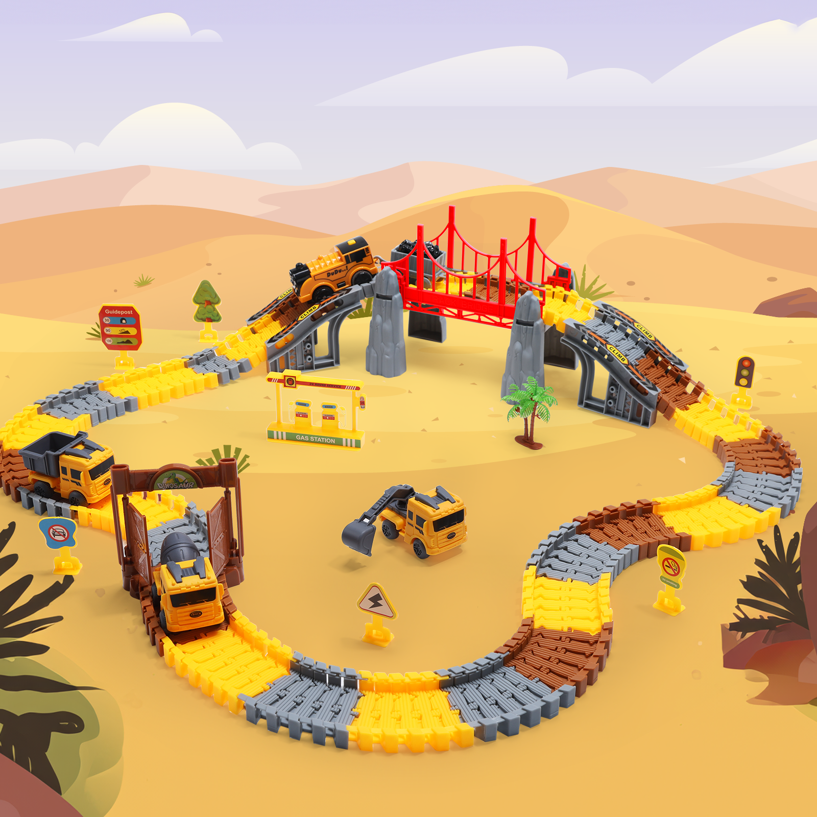 thumbnail video image 2 of Construction Track Set for Kids, 206 Pcs Flexible Plastic Race Track with Electric Train and Trucks, DIY Railway Toy for Boys and Girls Ages 3–8, 2 of 12