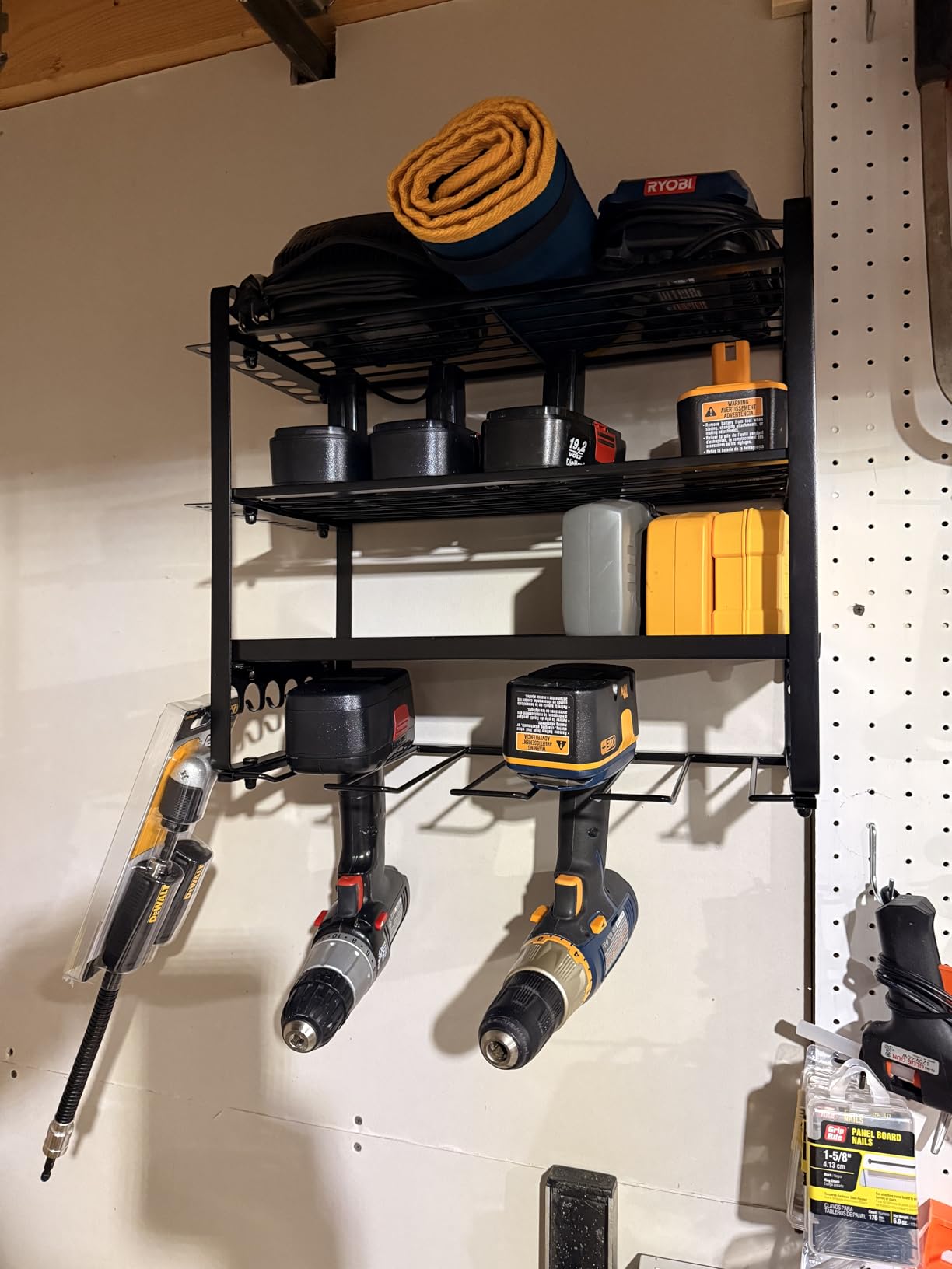 thumbnail video image 2 of Heavy Duty Power Tool Organizer 400LB Capacity - Metal 4-Tier Wall Mount Garage Tool Storage with Drill Holder, Screwdriver & Pliers Rack, Black, 2 of 8