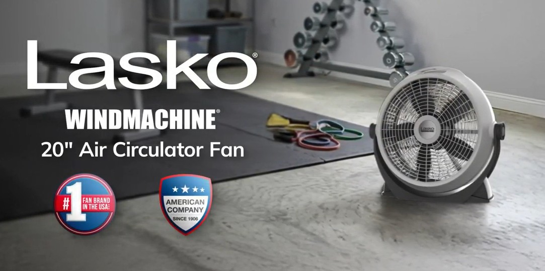thumbnail video image 2 of Lasko WindMachine 20" Large Floor Fan with Pivoting Head for Whole Room Cooling, Portable Indoor 3-Speed Air Circulator, Gray, A20304, 2 of 14