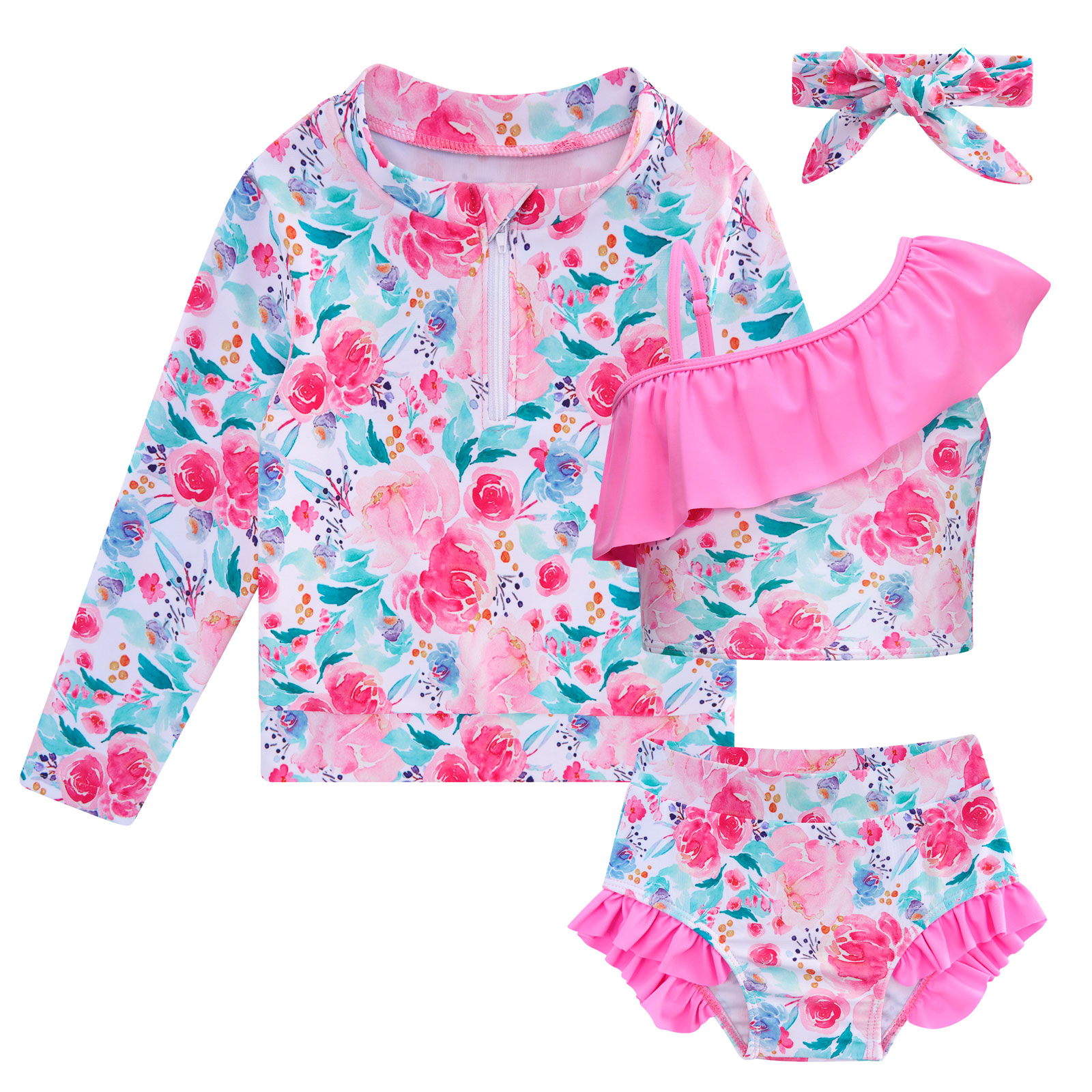 thumbnail video image 2 of Toddler Girls 4 Piece Swimsuit Long Sleeve Rash Guard Ruffle Tankini Set Bathing Suit With Headband Little Girls 2-6T, 2 of 10