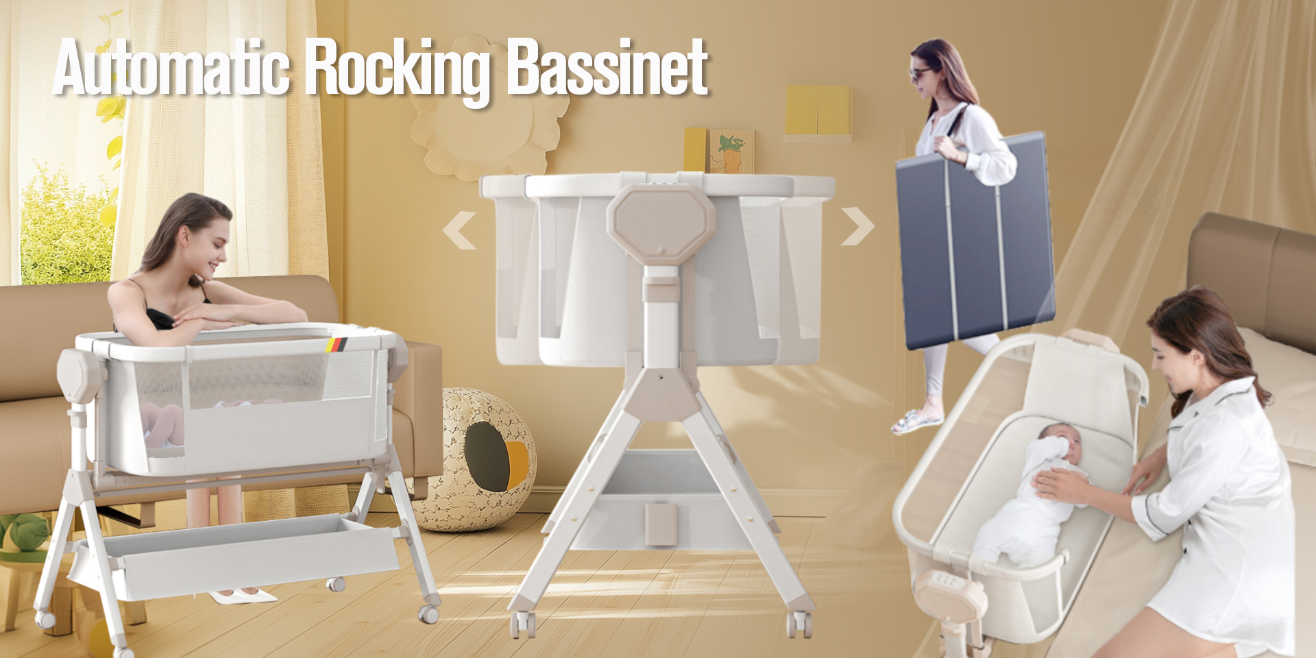 thumbnail video image 2 of SteAnny Bassinet,Electric Rocking Bassinet,Bedside Co-Sleeper,Unisex Baby Travel Bed with Wheels(Khaki), 2 of 15