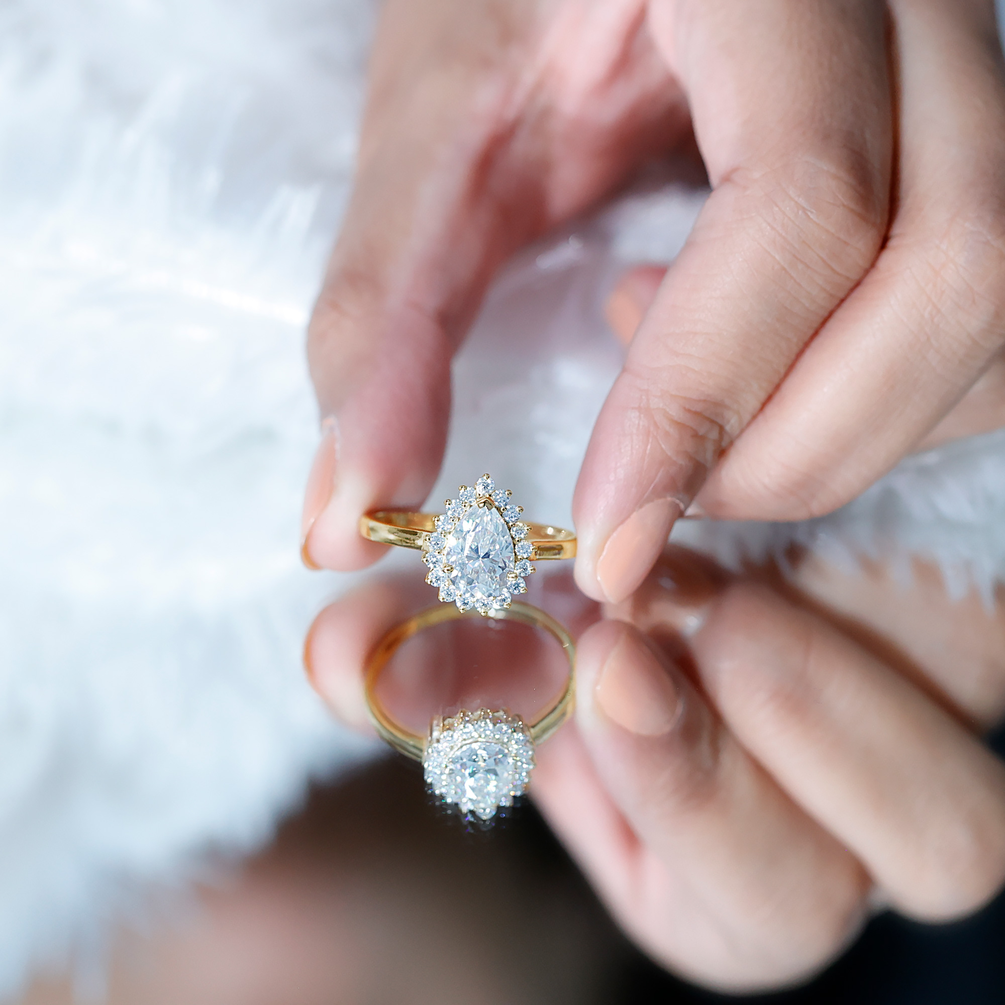 thumbnail video image 2 of Rosec Jewels Moissanite Pear Shape Engagement Ring with Halo - 2 Carat - 7X10 mm - D-VS1 Quality Certified, 18K White Gold, US 8.50, 2 of 9