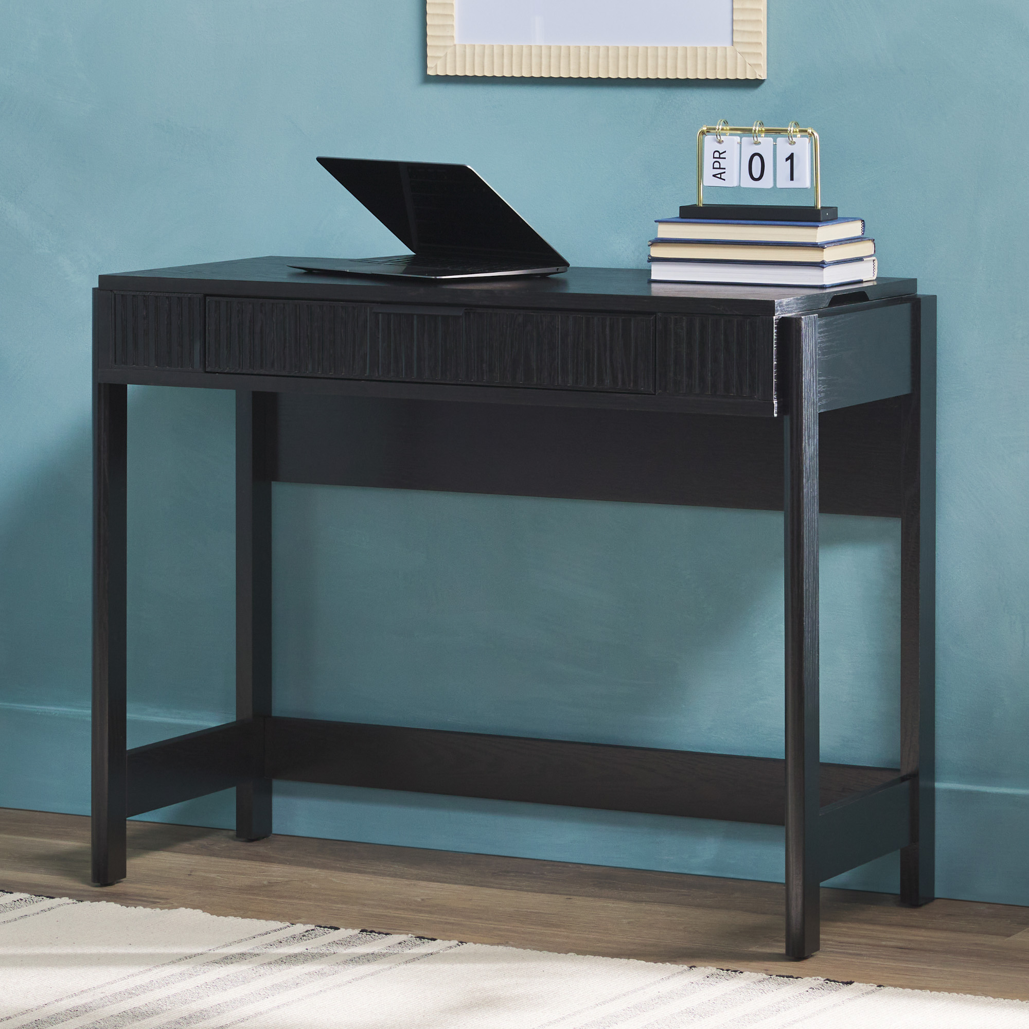 thumbnail video image 2 of Walker Edison Transitional Reeded Lift-Top Desk with Drawer, Black, 2 of 23