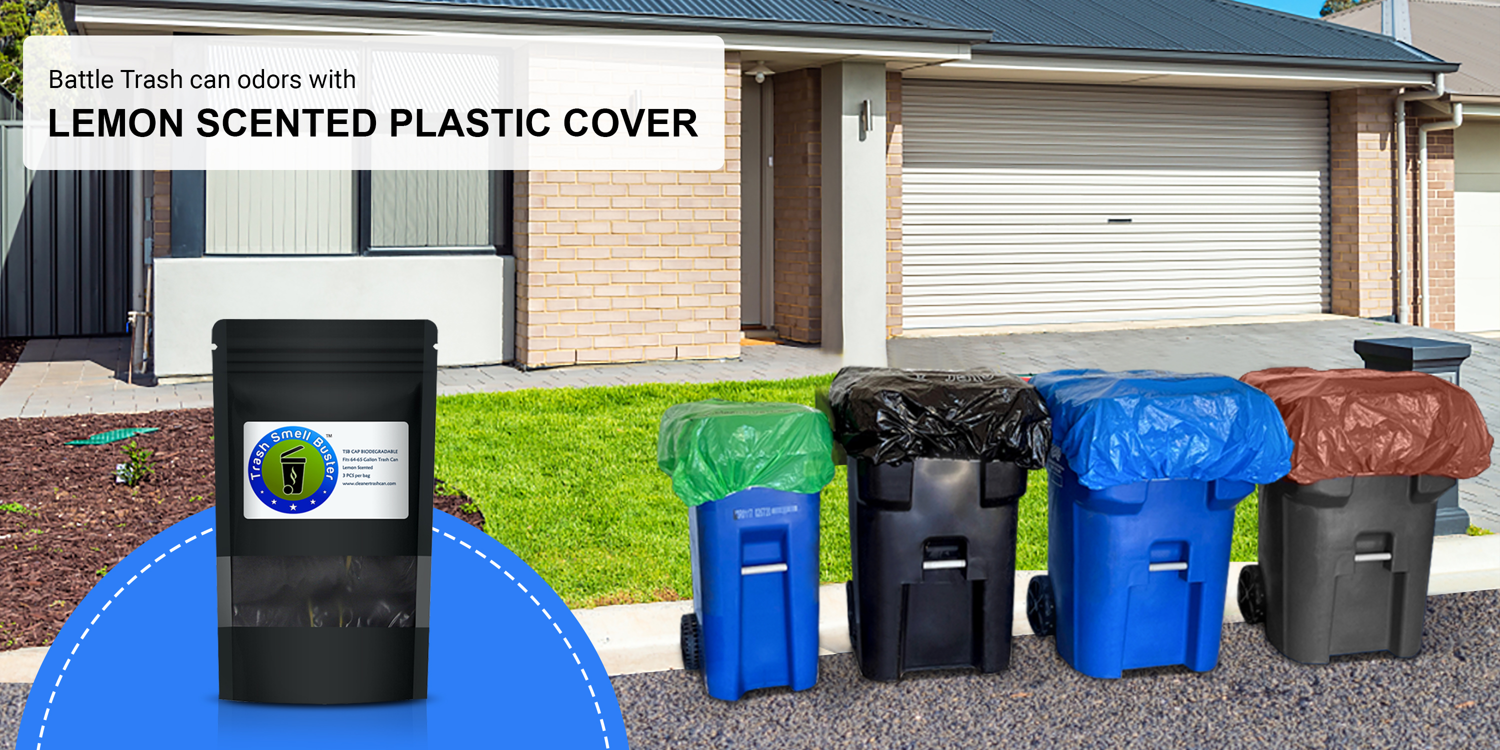 thumbnail video image 2 of Trash Smell Buster 95 Gallon Outdoor Plastic Garbage Cans with Covers, Blue, 2 of 15