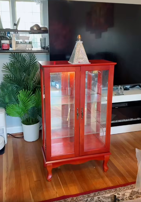 thumbnail video image 2 of Eyisean 44" H LED Lighted Display Cabinet, Curio Display Case with 3-Tier Adjustable Glass Shelves, Curio Cabinet with Mirrored Back Panel for Living Room, Light Blub Included, 2 of 11