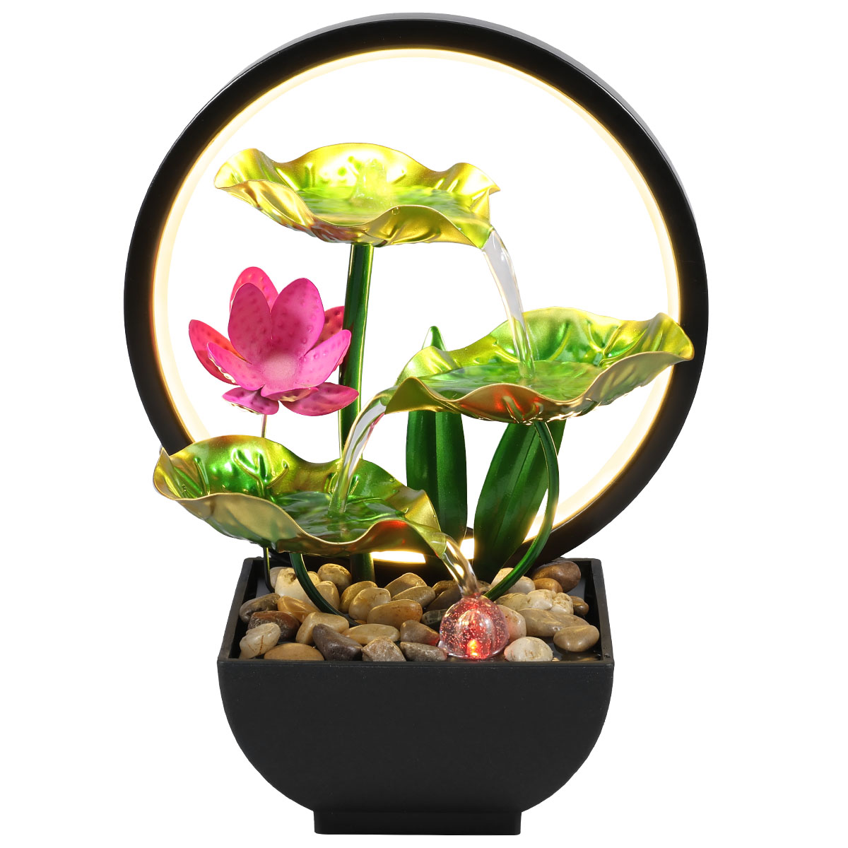 thumbnail video image 2 of Tabletop Fountain 3-Tiers Lotus Leaf Small Waterfall Fountains Indoor Water Fountain with Rocks and LED Ring Lights Desktop Fountains for Meditation Relaxation Home Bedroom Living Room Office Decor, 2 of 7