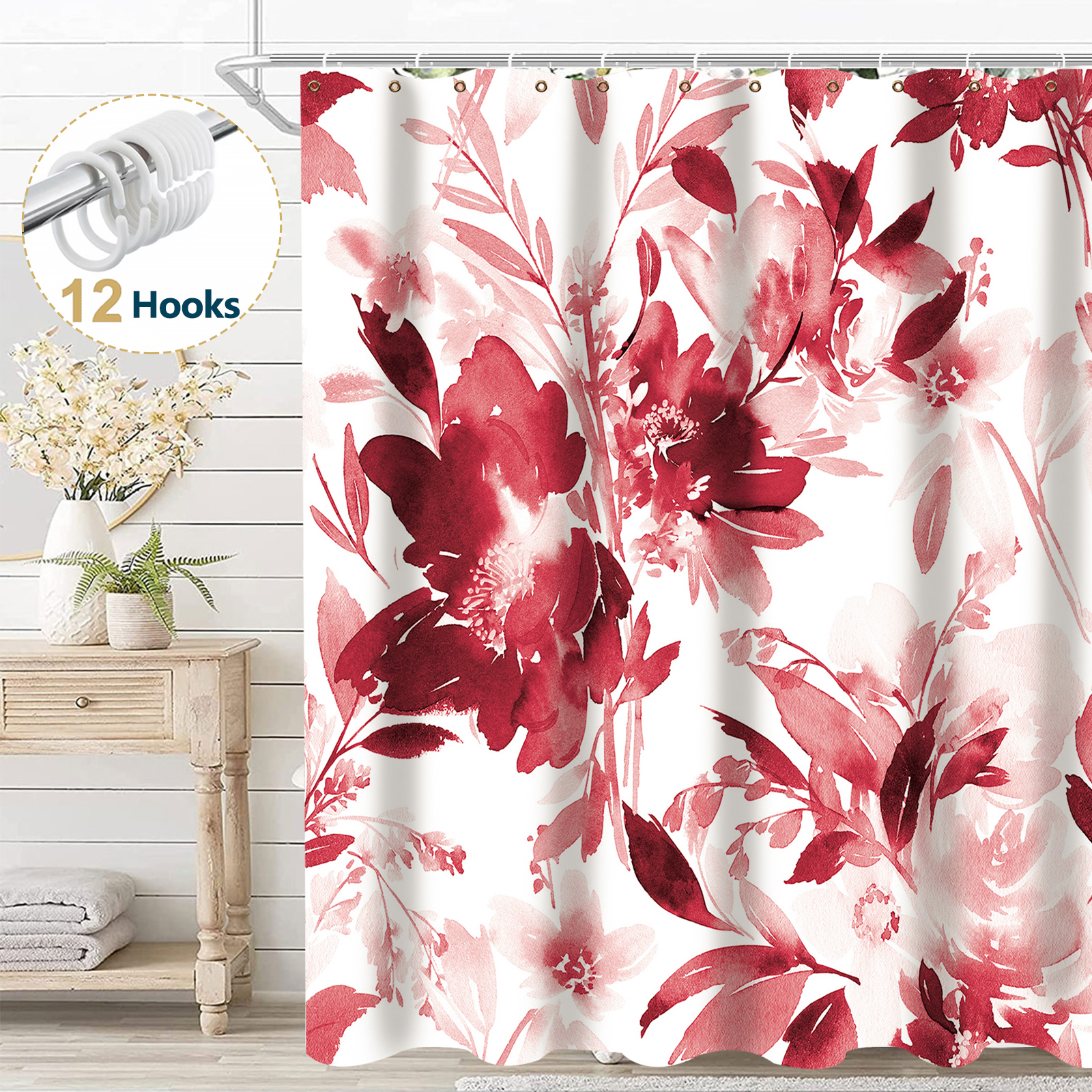 thumbnail video image 2 of Dznils Red Floral Fabric Shower Curtain, Modern Watercolor Bathroom Curtain with Hooks, 72" x 72", 2 of 12