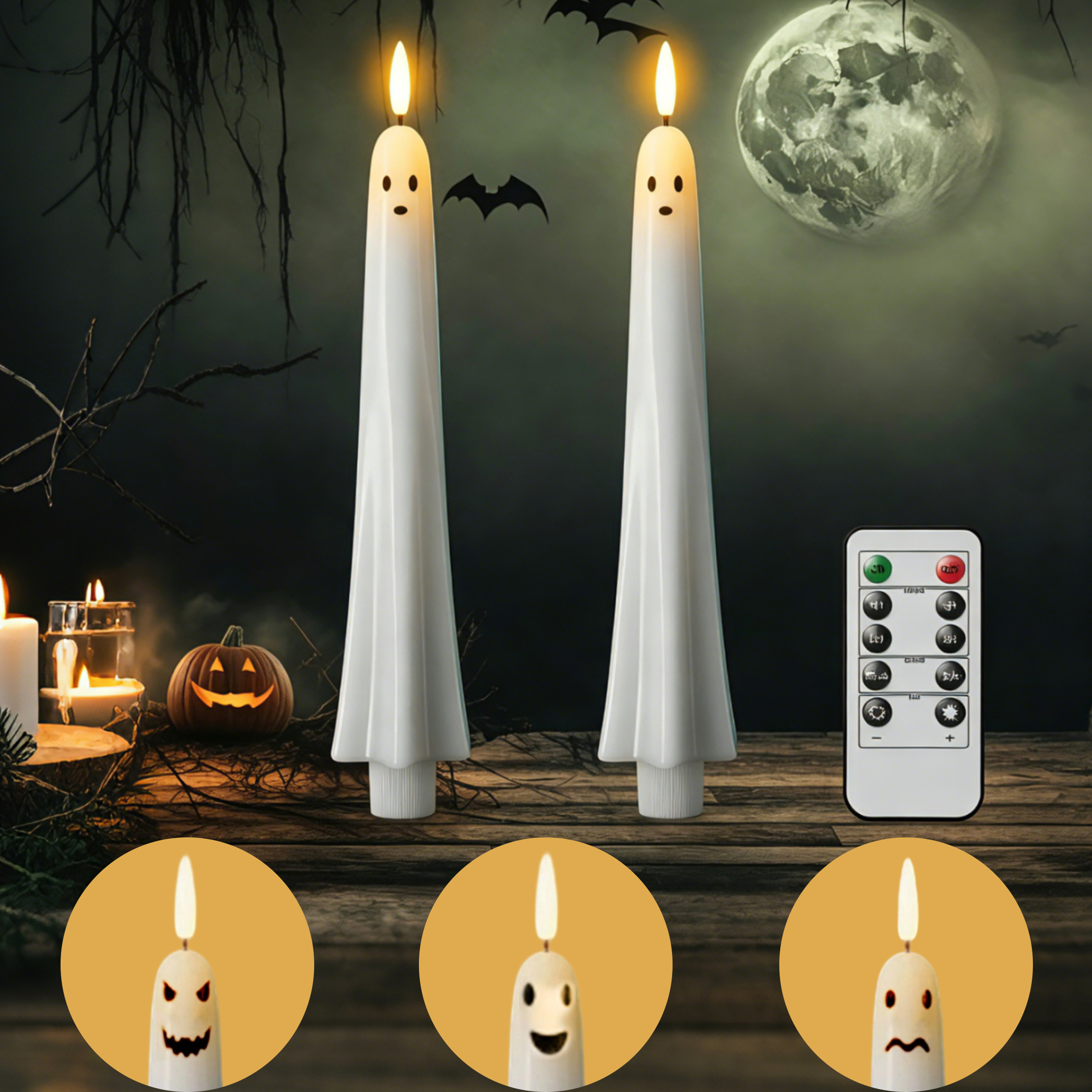 thumbnail video image 2 of Fwttom Halloween Ghost Flameless Taper Candles Flickering Battery Operated Candles with Remote Timer 3D Wick White Real Wax Led Light Halloween Decor, 2 of 8