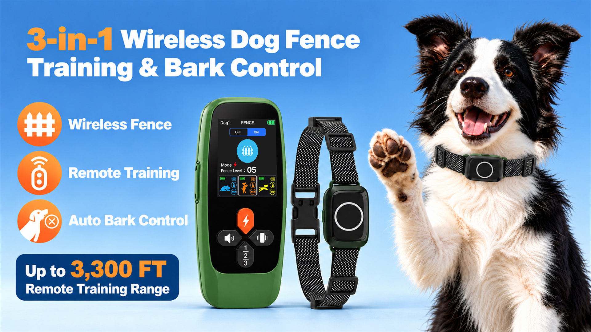 thumbnail video image 2 of Wireless Dog Fence, 3-in-1 Dog Training Collar with Remote & Automatic Bark Control, 8 Adjustable Radius Settings, 2 of 8