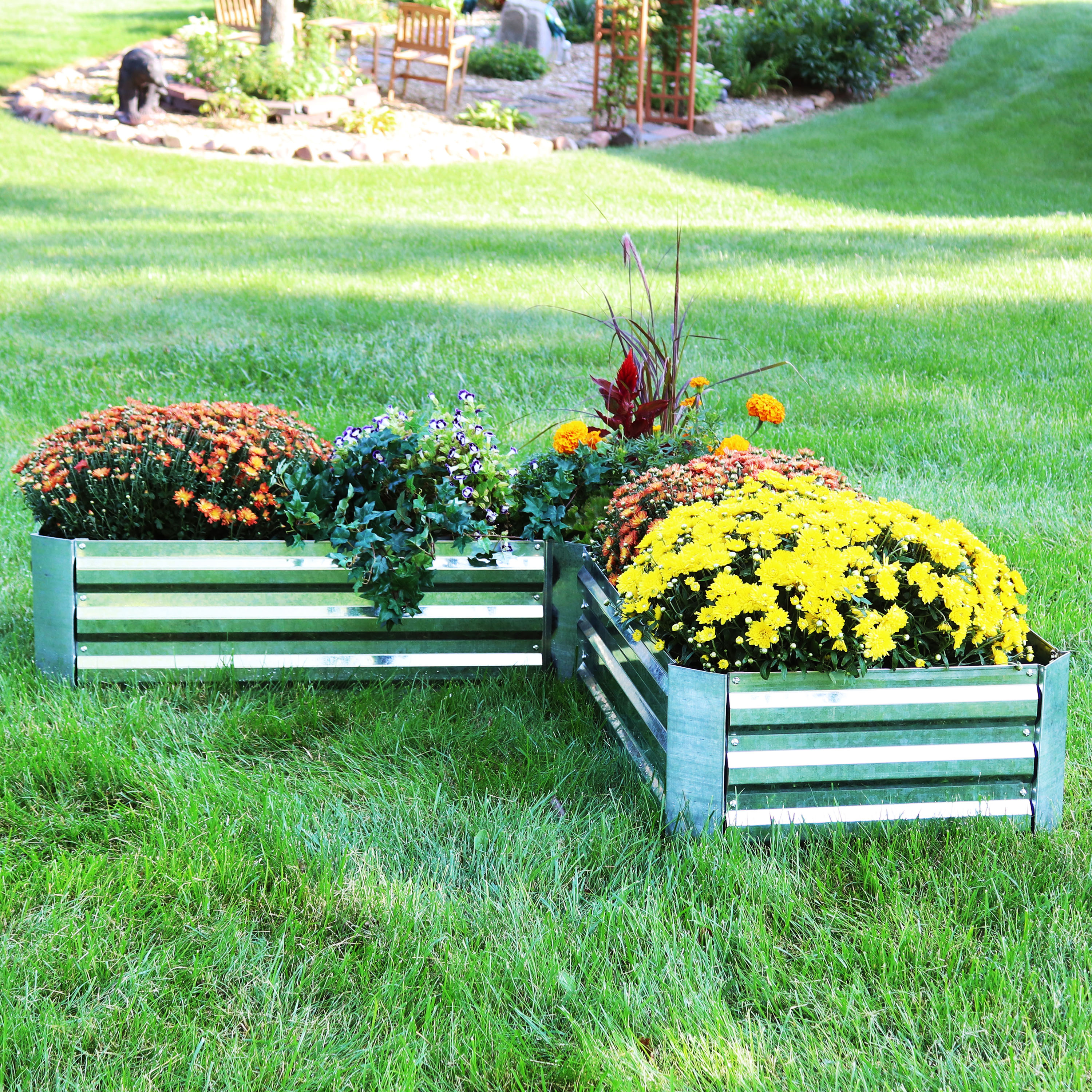 thumbnail video image 2 of Sunnydaze 59.5" x 59.5" x 11.75" L-Shaped Woodgrain Galvanized Steel Raised Garden Bed, 2 of 15