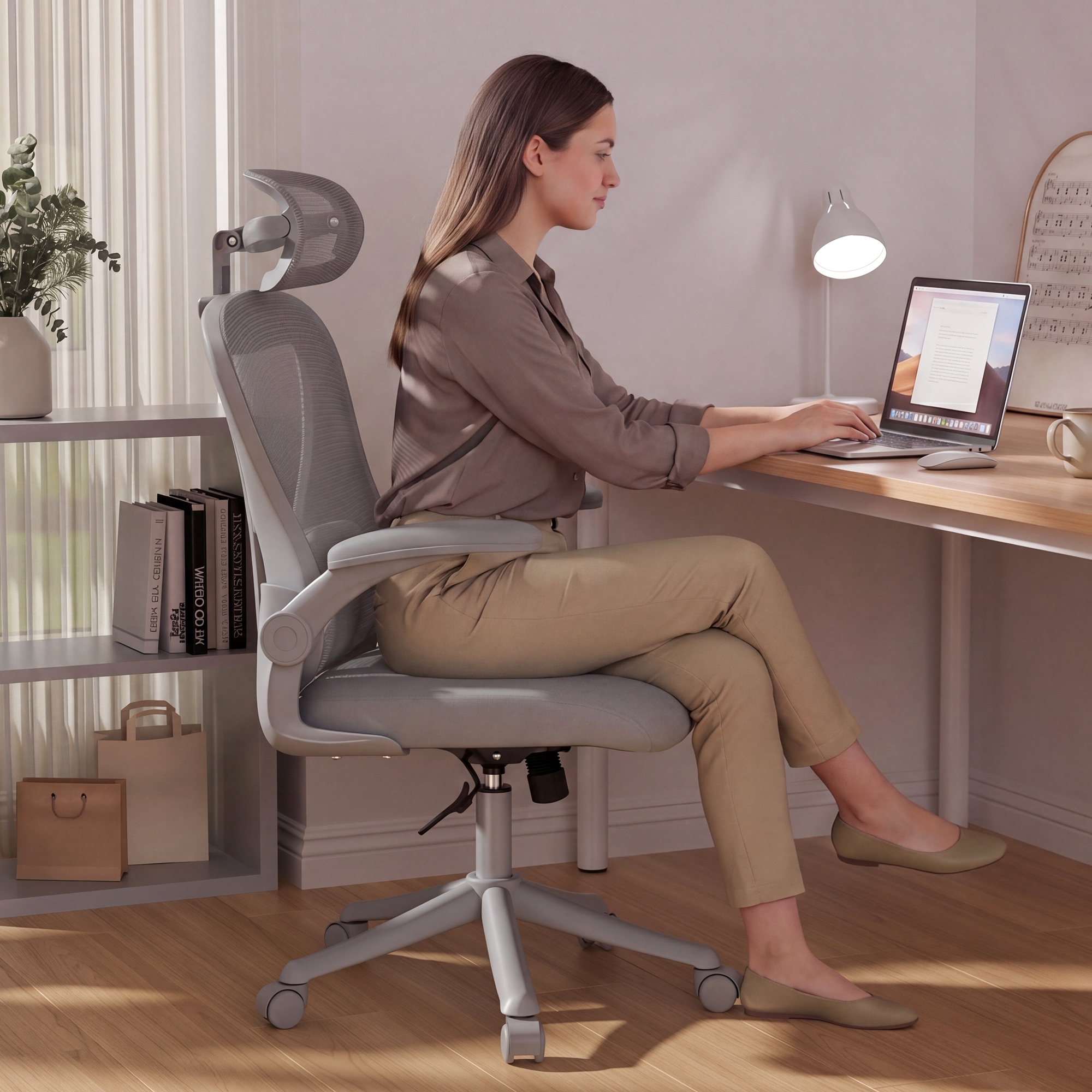thumbnail video image 2 of Ninecer Ergonomic Office Chair, Computer Desk Chair with Wheels, High Back Mesh Office Chair with Adjustable Lumbar Support, Headrest, Flip-Up Armrests, Gray, 2 of 7
