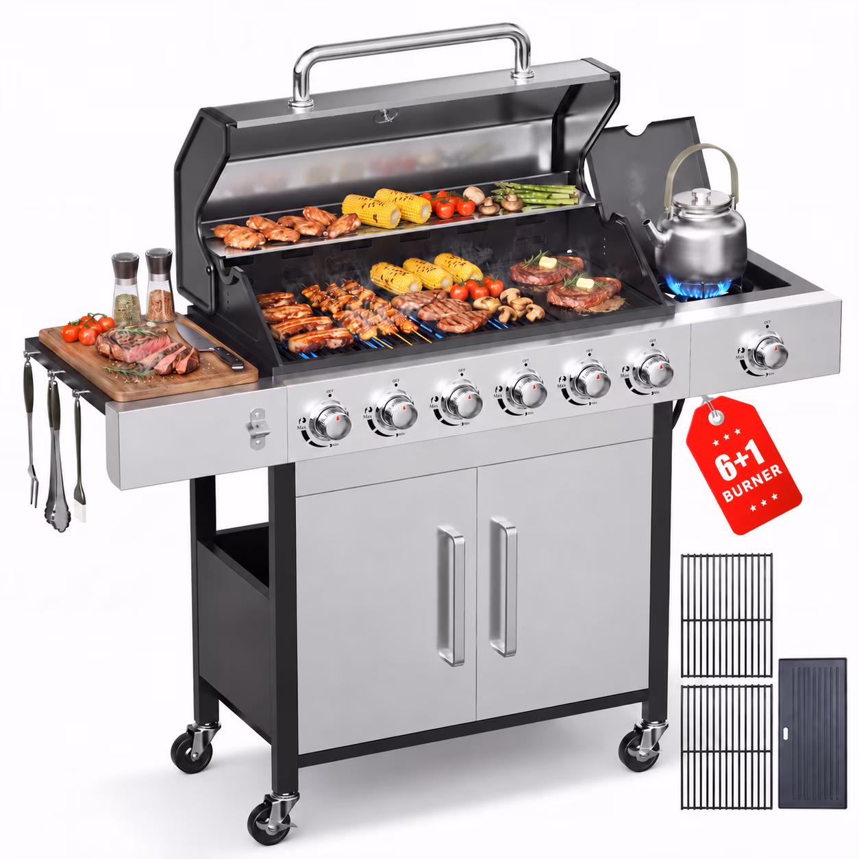 thumbnail video image 2 of Biotree 6 Burner Propane Gas Grill with Side Burner & Griddle,73000 BTU Stainless Steel BBQ Grill Combo with Two Porcelain-Enameled Cast Iron Grates for Backyard Patio Outdoor Cooking, 2 of 11