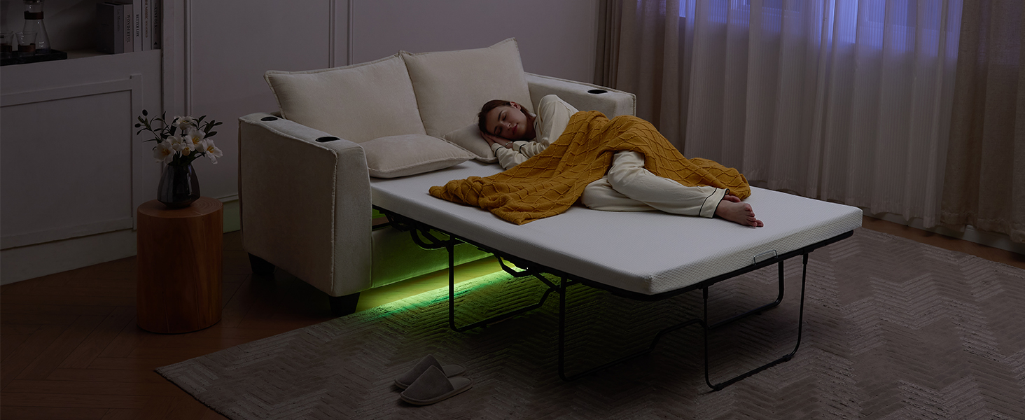 thumbnail video image 2 of 65" Pull Out Sofa Bed with USB Charging, Chenille Loveseat, Memory Foam Mattress, 2 of 8