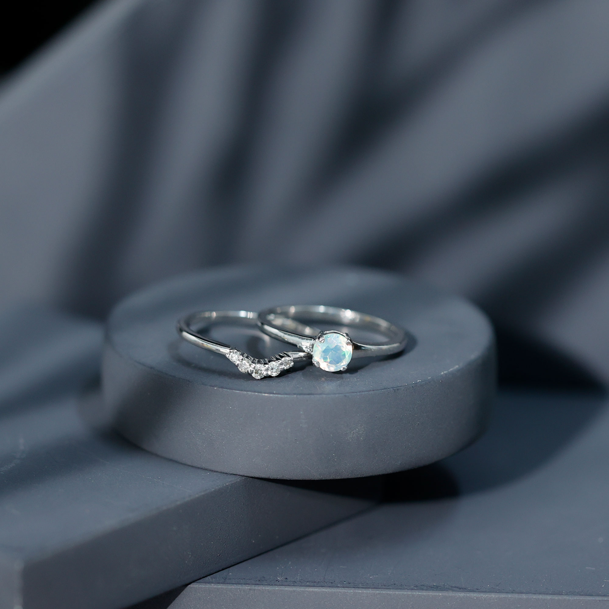 thumbnail video image 2 of Rosec Jewels Ethiopian Opal Diamond Wedding Engagement Ring Set of 2 - AAA Quality - Minimal Opal Ring with Enhancer, 14K White Gold, US 6.50, 2 of 9