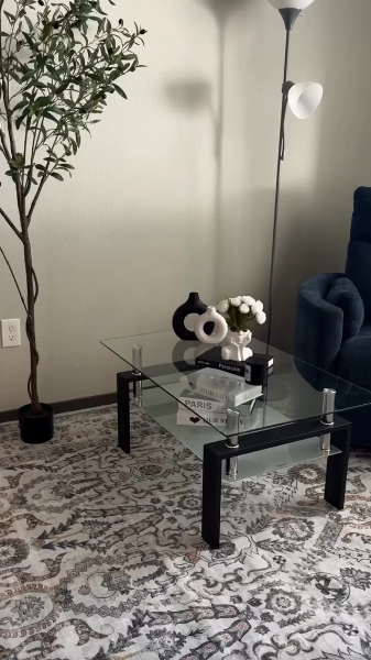 thumbnail video image 2 of SEGMART Glass Coffee Table with Lower Shelf, Clear Rectangle Glass Coffee Table, Modern Coffee Table with Metal Legs, Rectangle Center Table Sofa Table Home Furniture for Living Room, 2 of 10