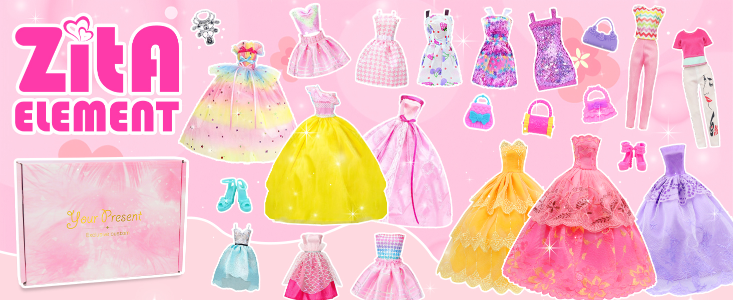 thumbnail video image 2 of ZITA ELEMENT 75 Pcs 11.5 Inch Doll Clothes and Accessories Gift Box, 5 Wedding Gowns 4 Evening Dresses 8 Fashion Dresses 3 Set Casual Outfit, 2 Swimsuit,30 Hanger 20 Shoes 10 Accessories for Girls Ki, 2 of 7