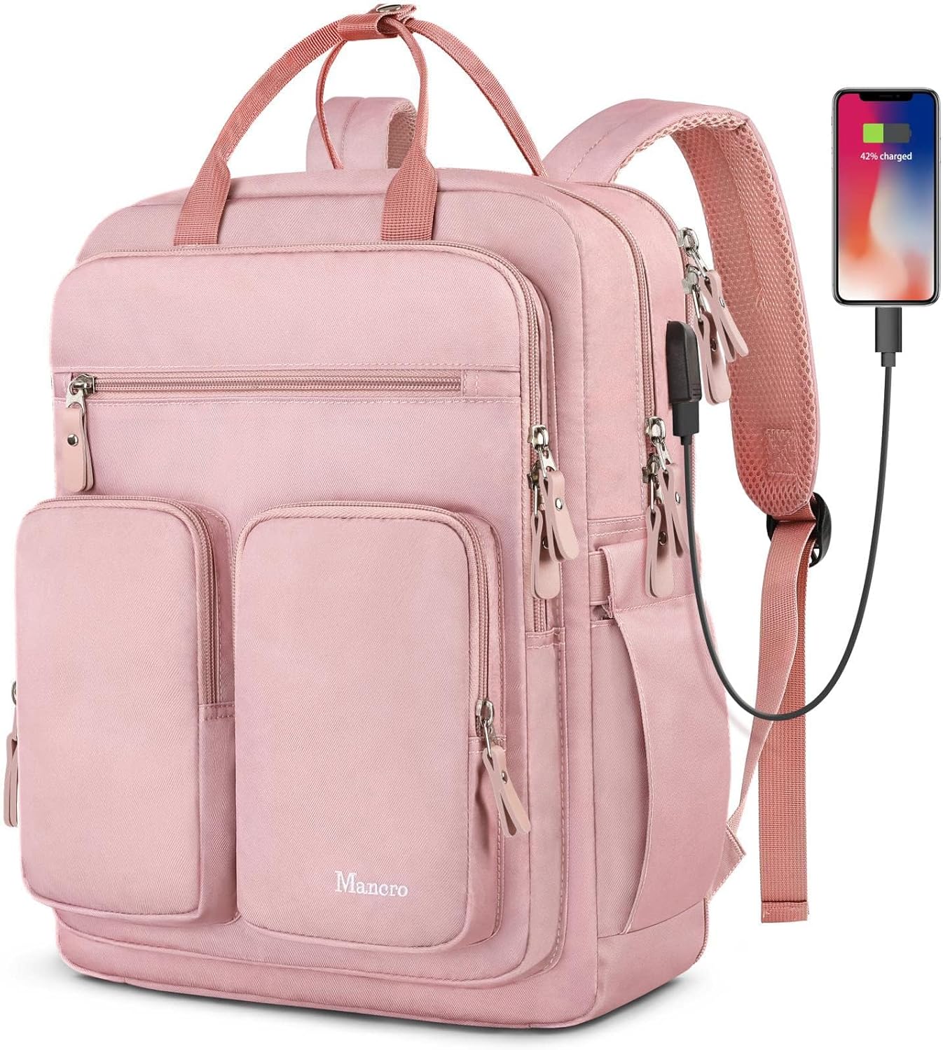 thumbnail video image 2 of Mancro Work Backpack for Women, Airline Approved Travel Backpack with Luggage Strap Fits for 15.6in Laptop, Pink, 2 of 6