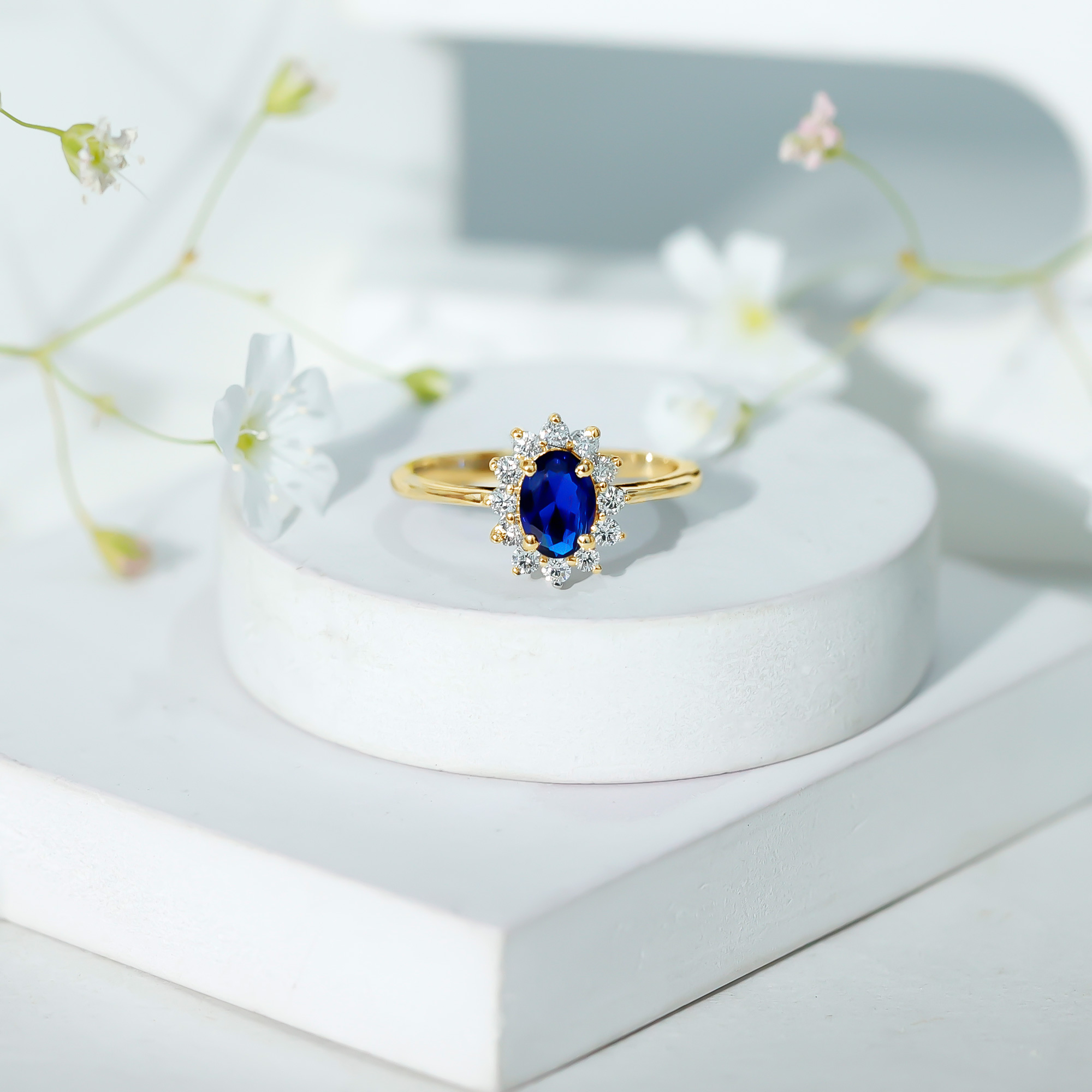 thumbnail video image 2 of Rosec Jewels Oval Created Blue Sapphire Ring with Diamond Halo, Princess Diana Inspired Ring, 925 Sterling Silver, US 10.00, 2 of 9