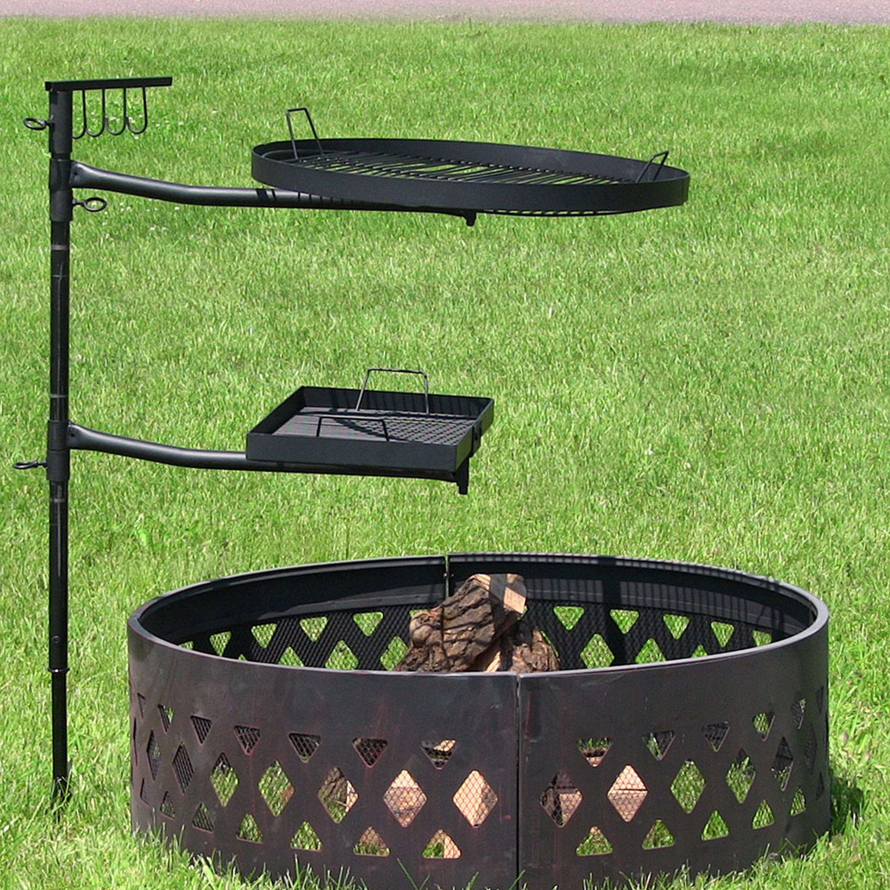 thumbnail video image 2 of Sunnydaze 16" x 10.5" and 22" x 22" Steel Rectangle and Round Dual Fire Pit Cooking Grills, 2 of 13