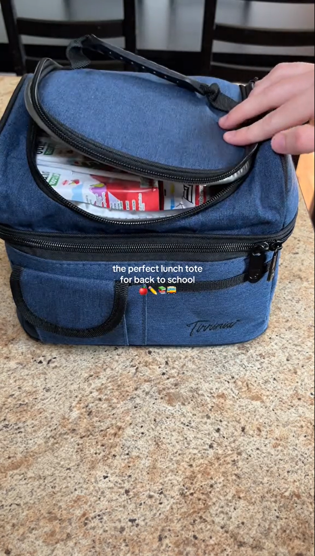 thumbnail video image 2 of Tirrinia Insulated Lunch Box for Men Women, Leakproof Thermal Bento Lunch Bag Cooler Tote, Dual Compartment with Shoulder Strap, 10.3" x 7.5" x 8.6", Dark Blue, 2 of 8