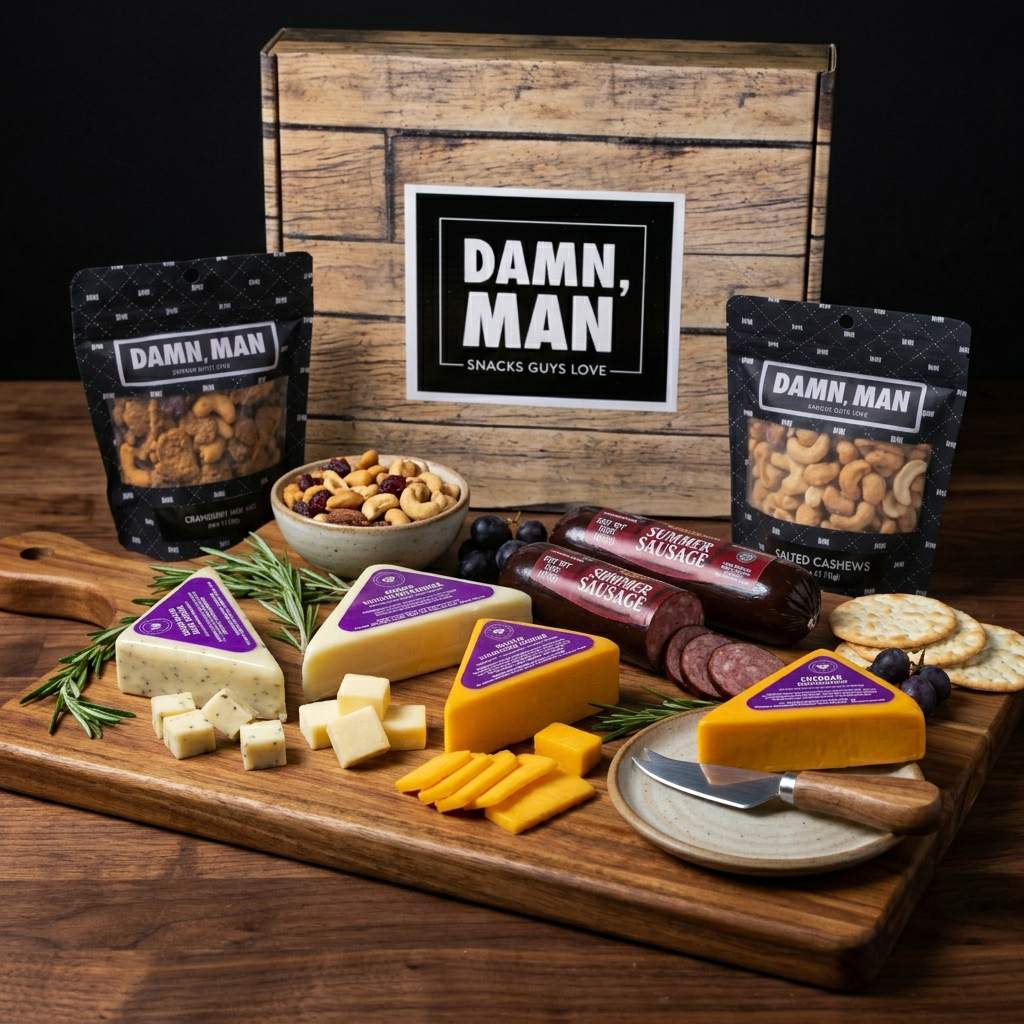 thumbnail video image 2 of Damn, Man Delicatessen Box - Meat, Cheese, & Gourmet Nuts - Charcuterie Board Snacks - 7 Pieces, 2 of 9