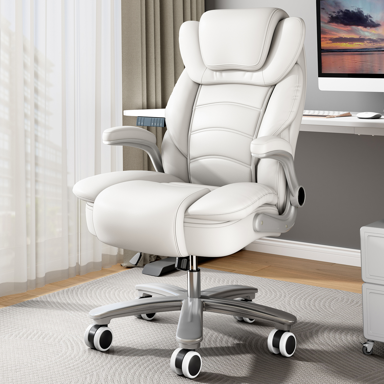 thumbnail video image 2 of iooHug Big and Tall Office Chair 400lbs, Ergonomic Desk Chair with Lumbar Support, Flip-Up Arms, Faux Leather High Back Computer Chair for Home Office, Black, 2 of 7