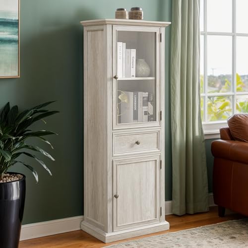 thumbnail video image 2 of CKEASEAN 65" H Tall Narrow Bookcase with Tempered Glass Door and Drawer - Elegant Freestanding Pantry Cabinet for Living Room and Office, 2 of 15