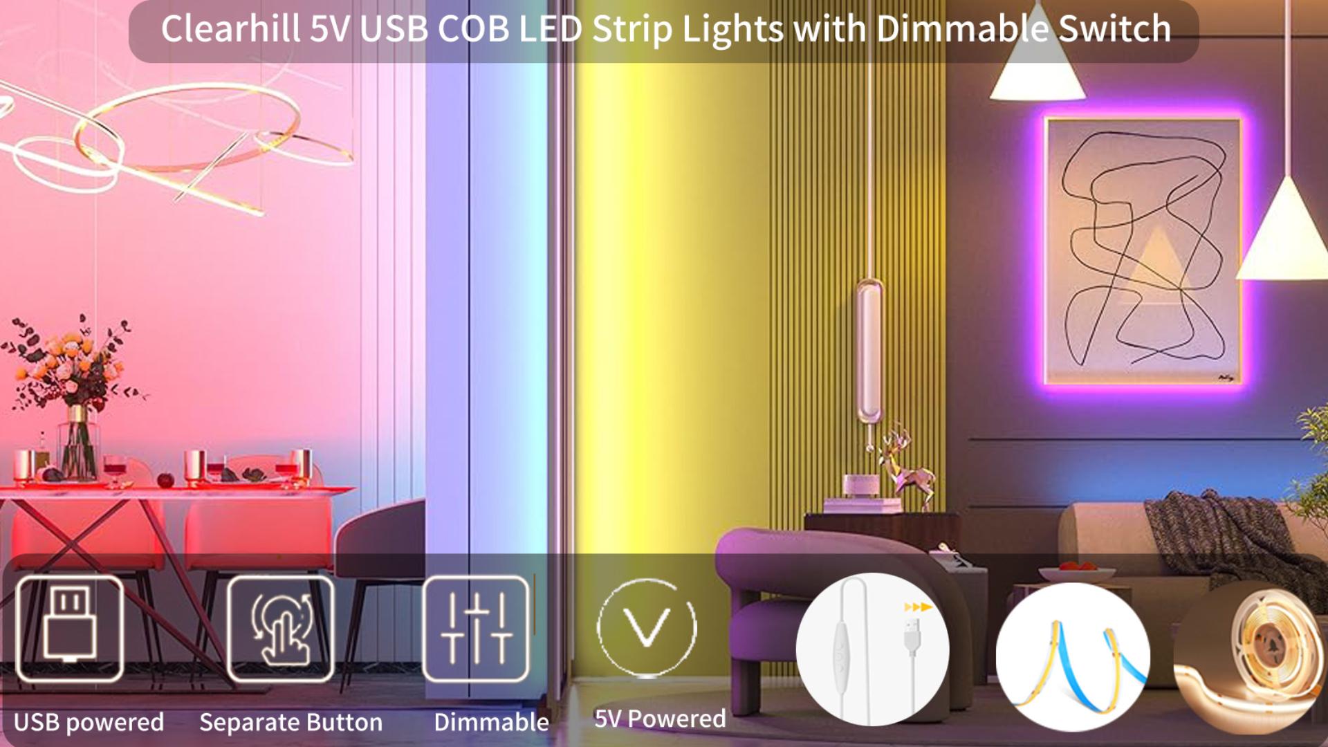 thumbnail video image 2 of Clearhill 5V USB COB LED Strip Lights with Dimmable Switch,9.84FT/3M,Natural White 4000K,320LEDs/M,8mm Width,Not Waterproof IP20,1.5M USB Switch Cable,for DIY Home Indoor Decoration, 2 of 9