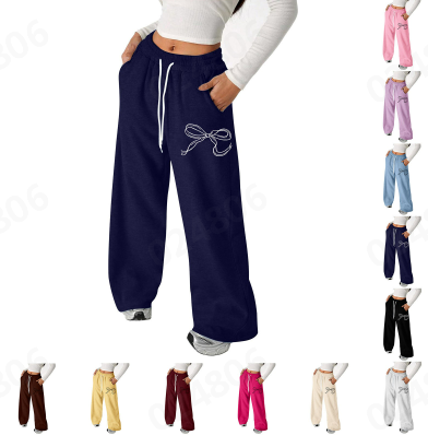 thumbnail video image 2 of HUAXUN-Style E-Girls Bow Drawstring Baggy Sweatpants,Lightweight Straight Leg Athletic with Pockets Casual Sweatpants,Elastic Waist Playful Comfort Pants for School(Beige,6-7Years), 2 of 5