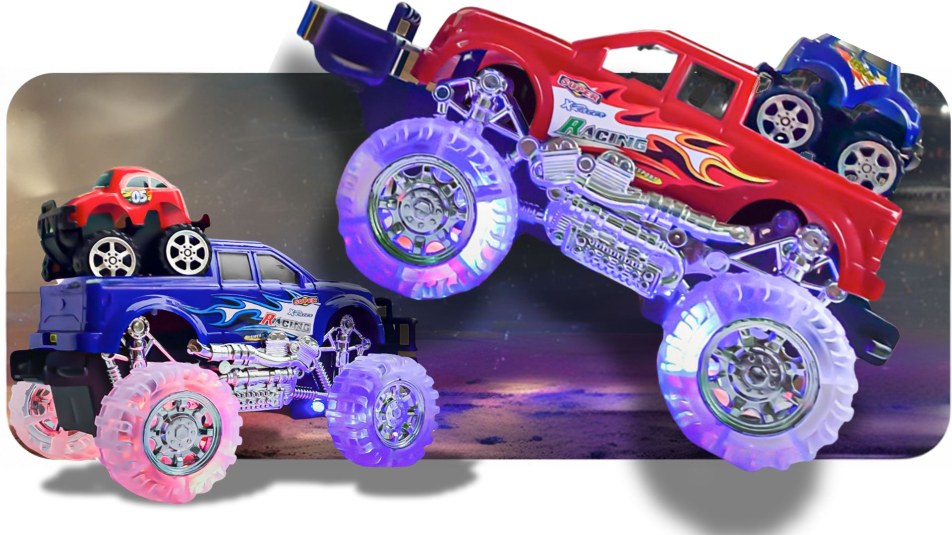 thumbnail video image 2 of JoyX 4-Pack Light Up Monster Trucks with LED Tires – 2 Push & Go + 2 Mini Pull-Back Cars, Kids Toy Gift Set, 2 of 14