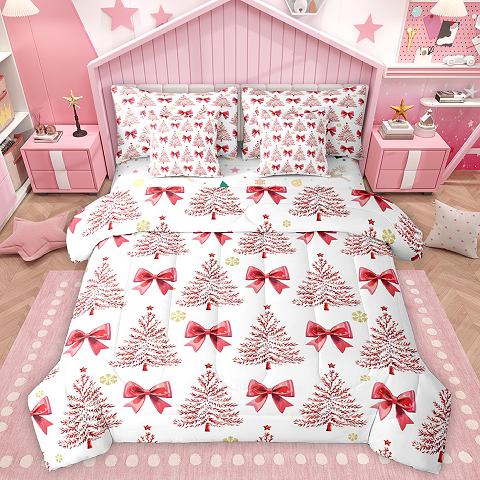 thumbnail video image 2 of Homewish Kawaii Bow 7-Piece Twin Bedding Sets,Cartoon Christmas Tree Bedding Comforter Set,Ppink Green Sheet Sets For Girl Teens,Super Cozy Room Decor Reversible, 2 of 9