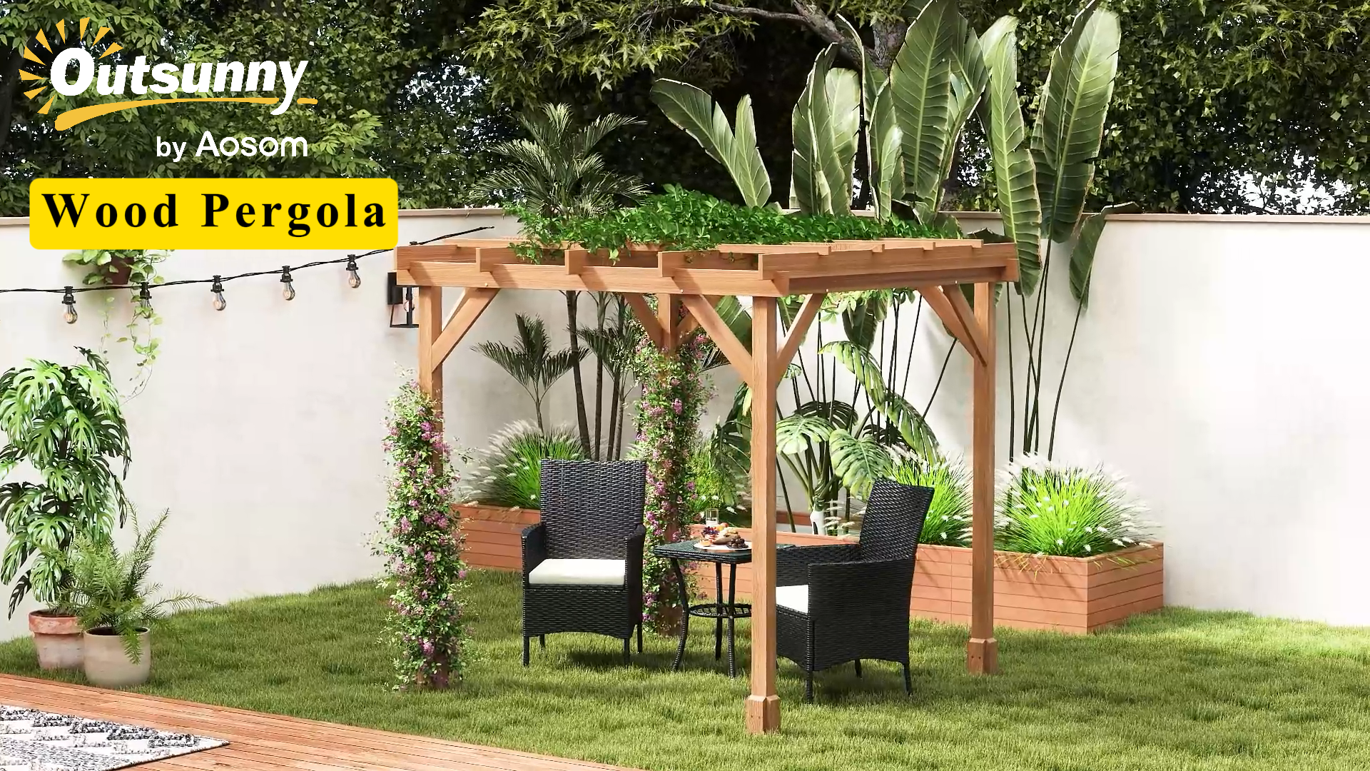 thumbnail video image 2 of Outsunny 6.6' x 6.6' Outdoor Pergola, Wood Gazebo Grape Trellis with Stable Structure, Dark Brown, 2 of 10